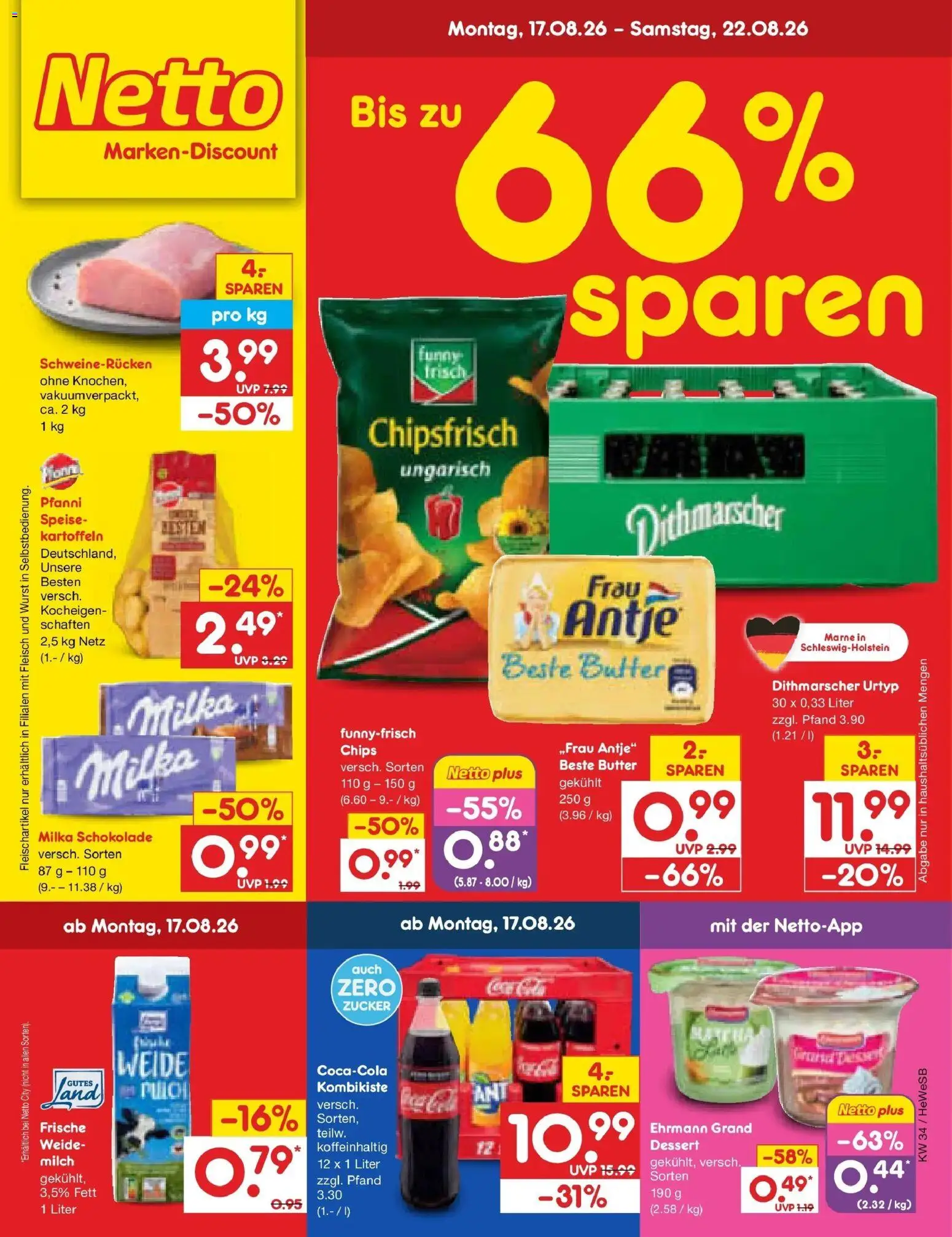 Netto Marken-Discount Prospekt Hamburg – gültig ab 17.08.2026 | Seite: 1 | Produkte: Schokolade, Milka, Wurst, Schweinerucken