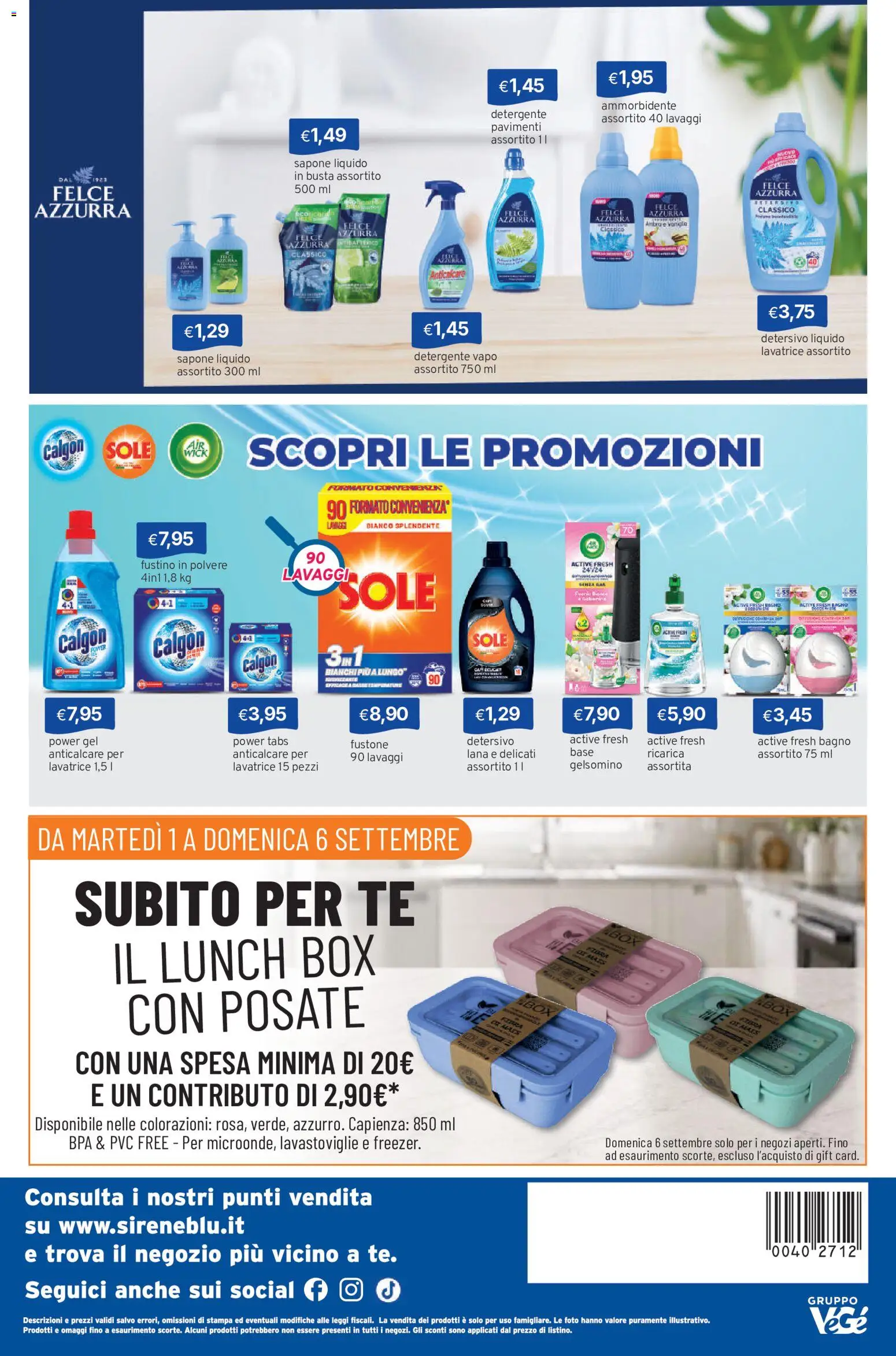 Volantino Sirene Blu del 01/09/2026 | Pagina: 24 | Prodotti: Detergente, Tè, Lavatrice, Mais