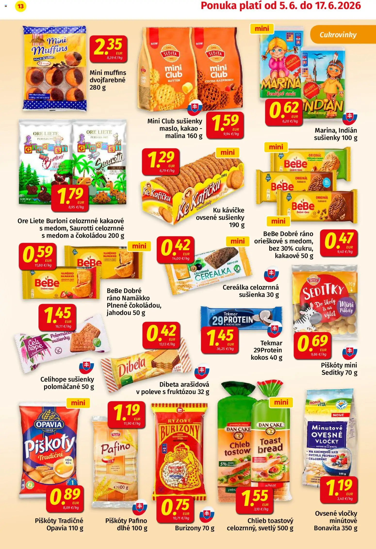 Nové Koruna akcie – leták je platný od 05.06.2026 | Strana: 13 | Produkty: BeBe Dobré ráno, Chlieb, Vločky, Kakao