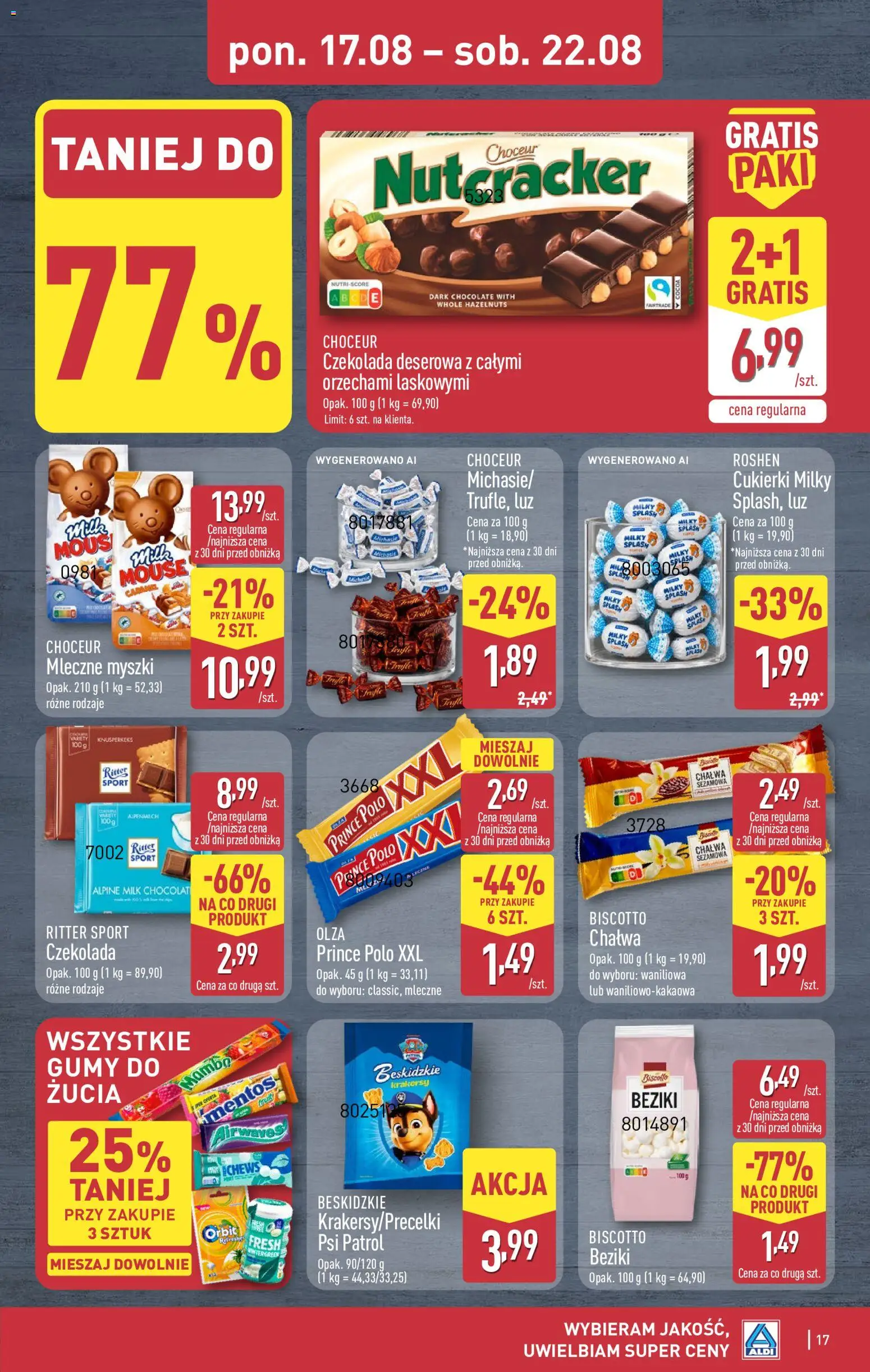 Aldi gazetka od 17.08.2026 | Strona: 17 | Produkty: Prince polo xxl, Gumy, Cukierki, Czekolada deserowa