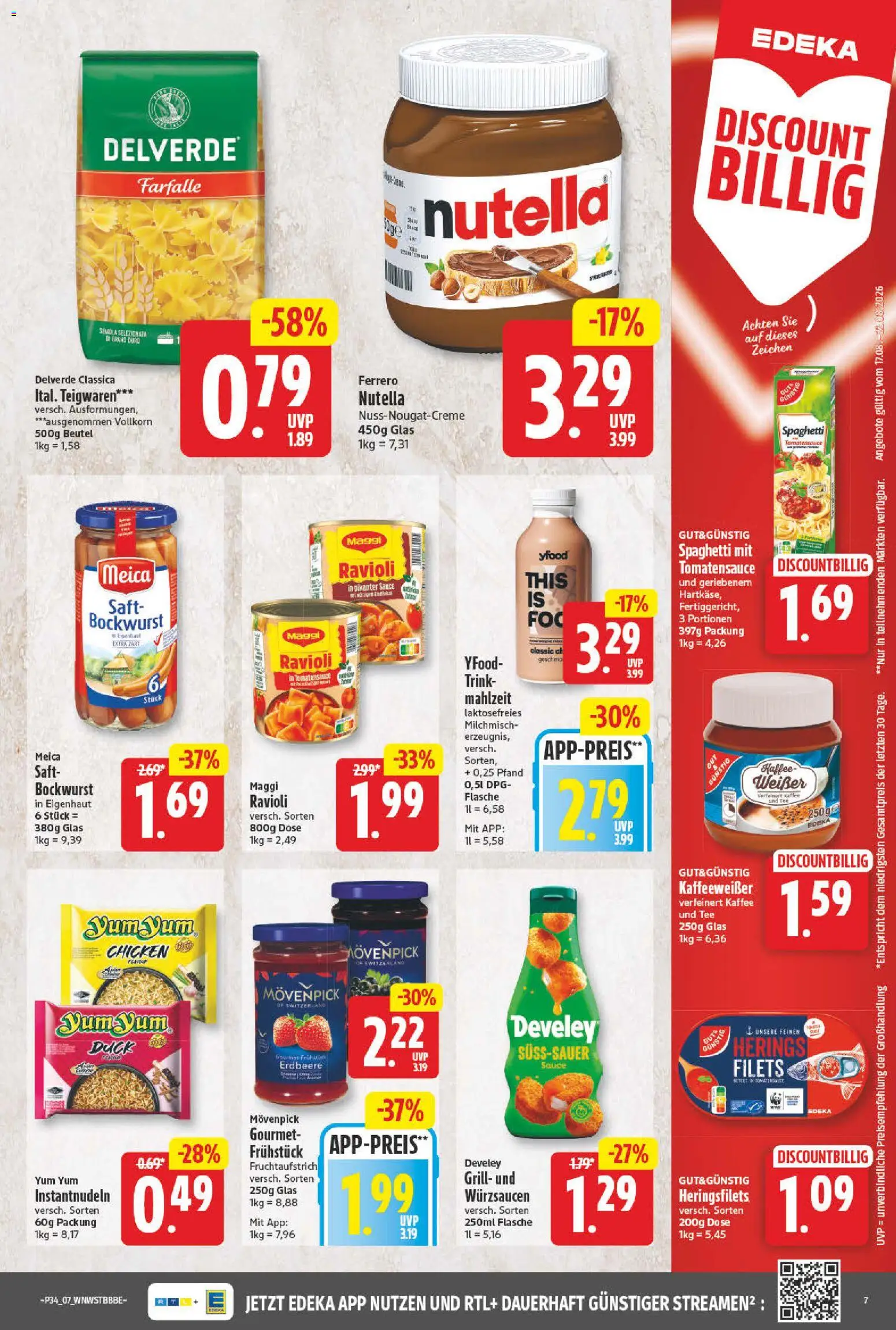 NP Discount Prospekt – gültig ab 17.08.2026 | Seite: 7 | Produkte: Bockwurst, Spaghetti, Nutella, YFood