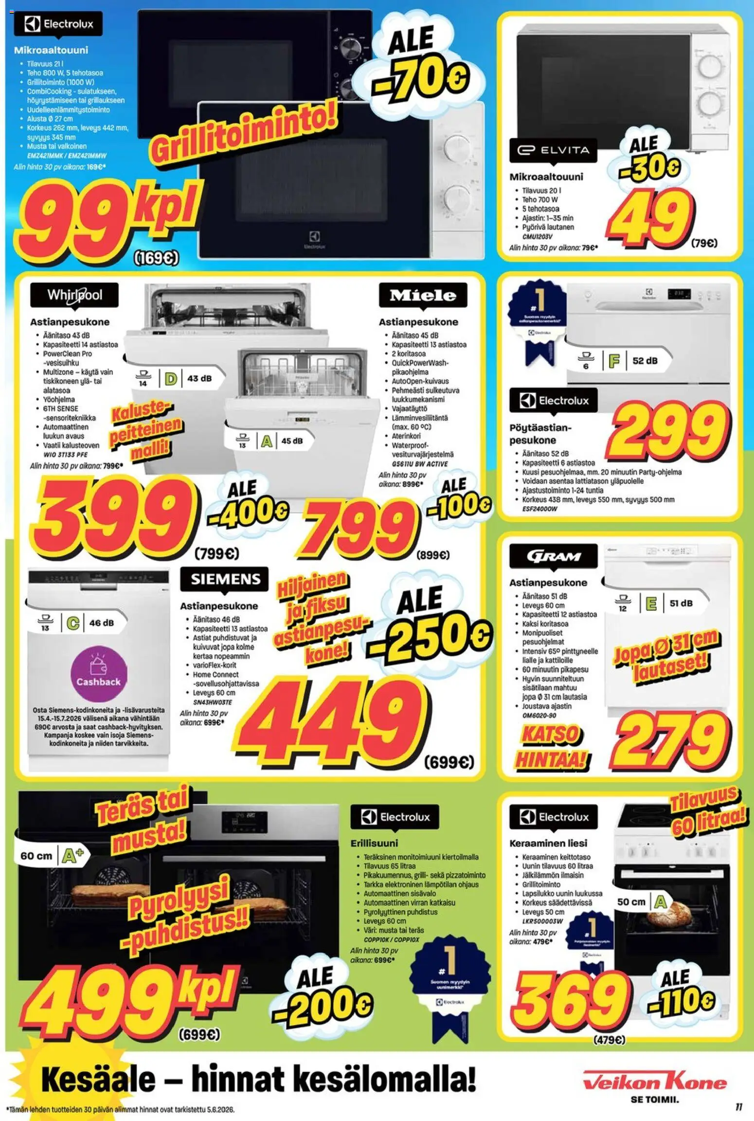 Veikon Kone - Verkkolehti - Veikon Kone – voimassa 15.06.2026 alkaen | Sivu: 11 | Tuotteet: Pesukone, Astianpesukone, Erillisuuni, Lautanen