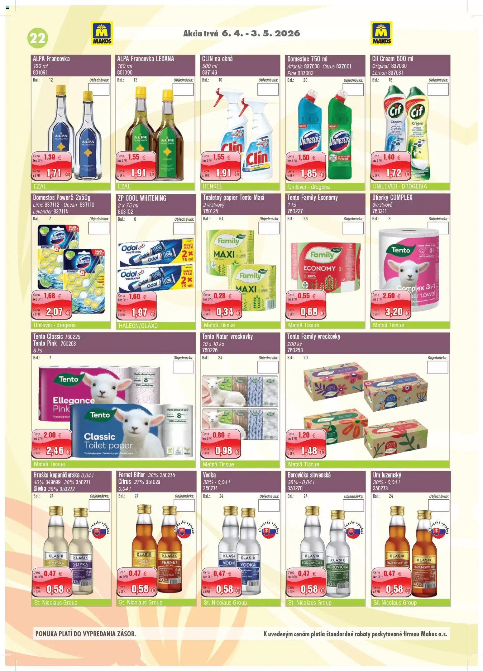 Nové Makos akcie – leták je platný od 06.04.2026 | Strana: 22 | Produkty: Alpa, Vodka, Cif, Domestos