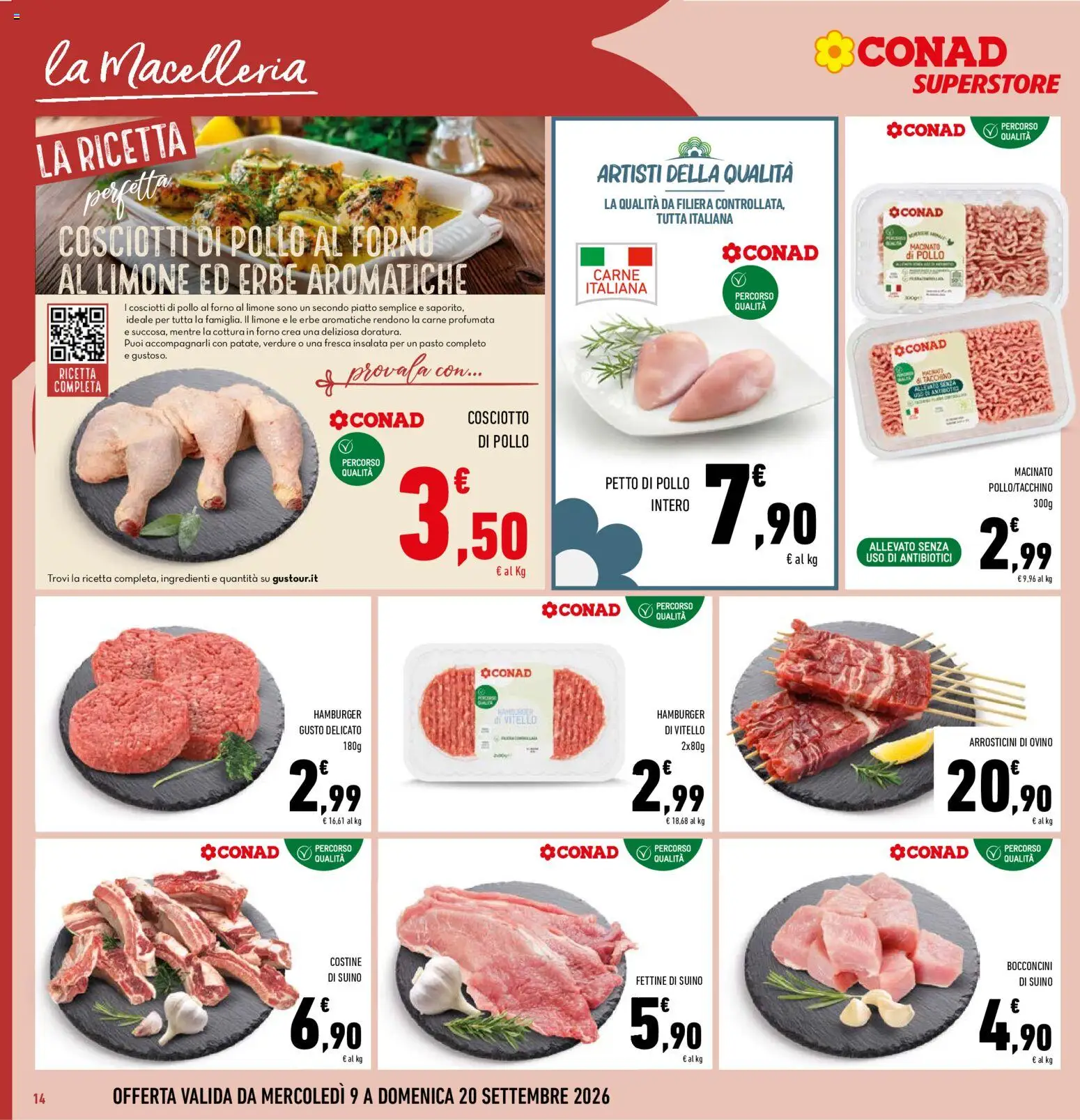 Volantino Conad del 09/09/2026 | Pagina: 14 | Prodotti: Pollo intero, Verdure, Tacchino, Arrosticini
