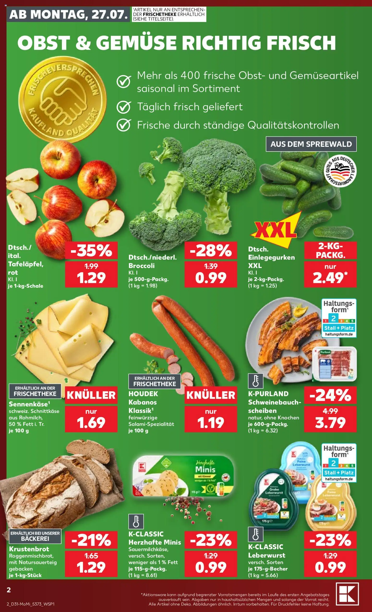 Kaufland Prospekt Kiel – gültig ab 27.07.2026 | Seite: 2 | Produkte: Bäckerei, Schweinebauch, Gemüse, Obst