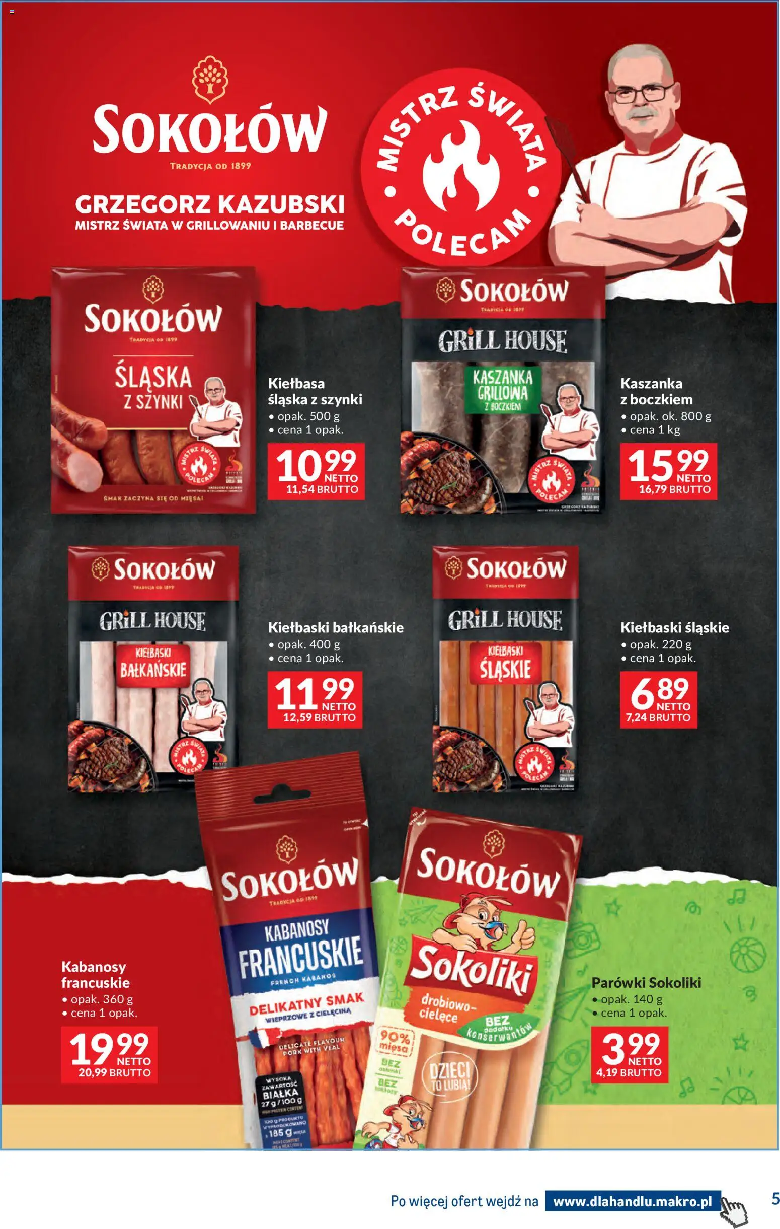 Makro gazetka - Dystrybucja do sklepów od 14.04.2026 | Strona: 5 | Produkty: Grill, Parówki sokoliki, Kabanosy, Kiełbaski