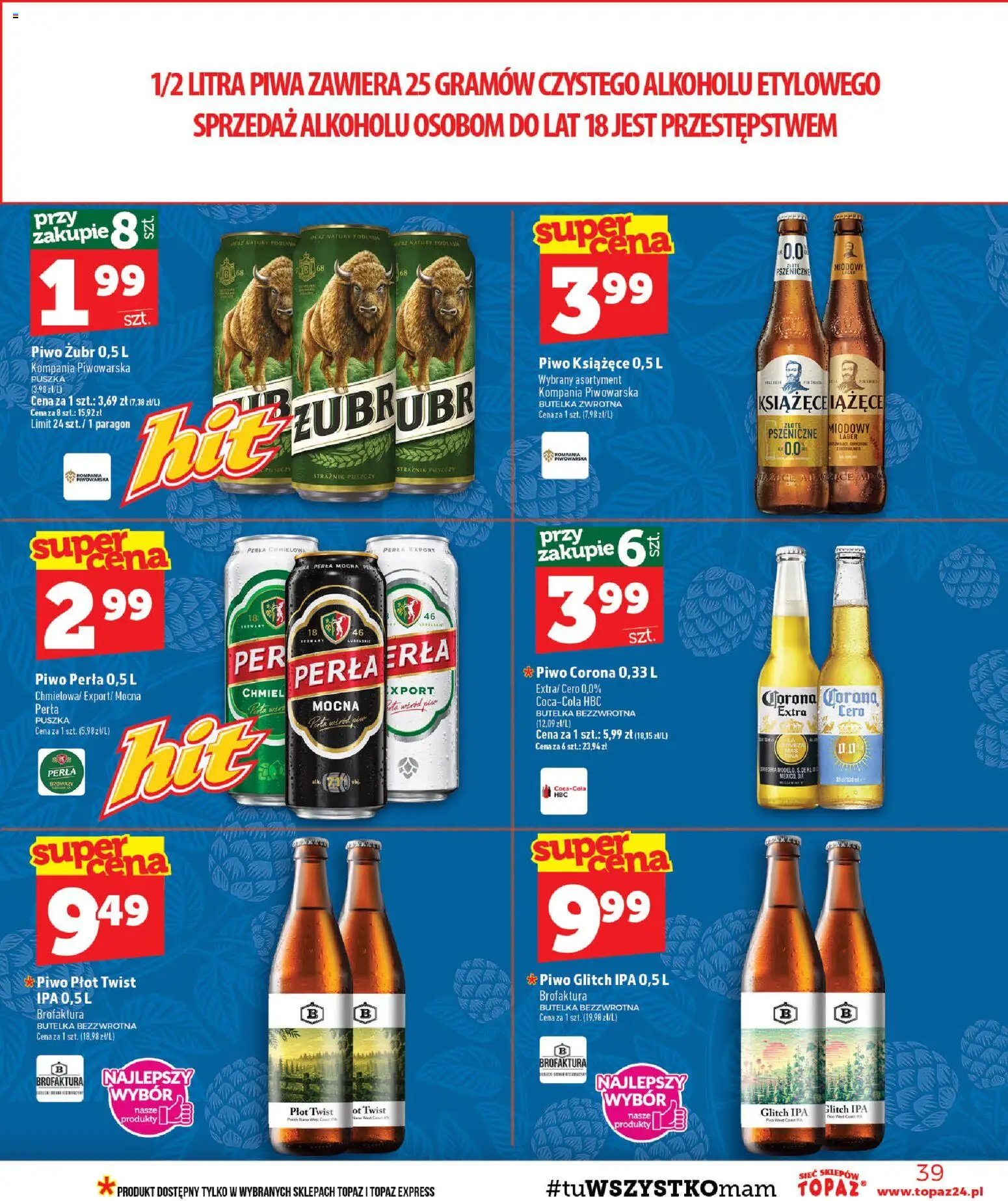 Topaz gazetka - MAZ od 13.08.2026 | Strona: 39 | Produkty: Piwo żubr, Piwo Corona, Piwo, Perła Export