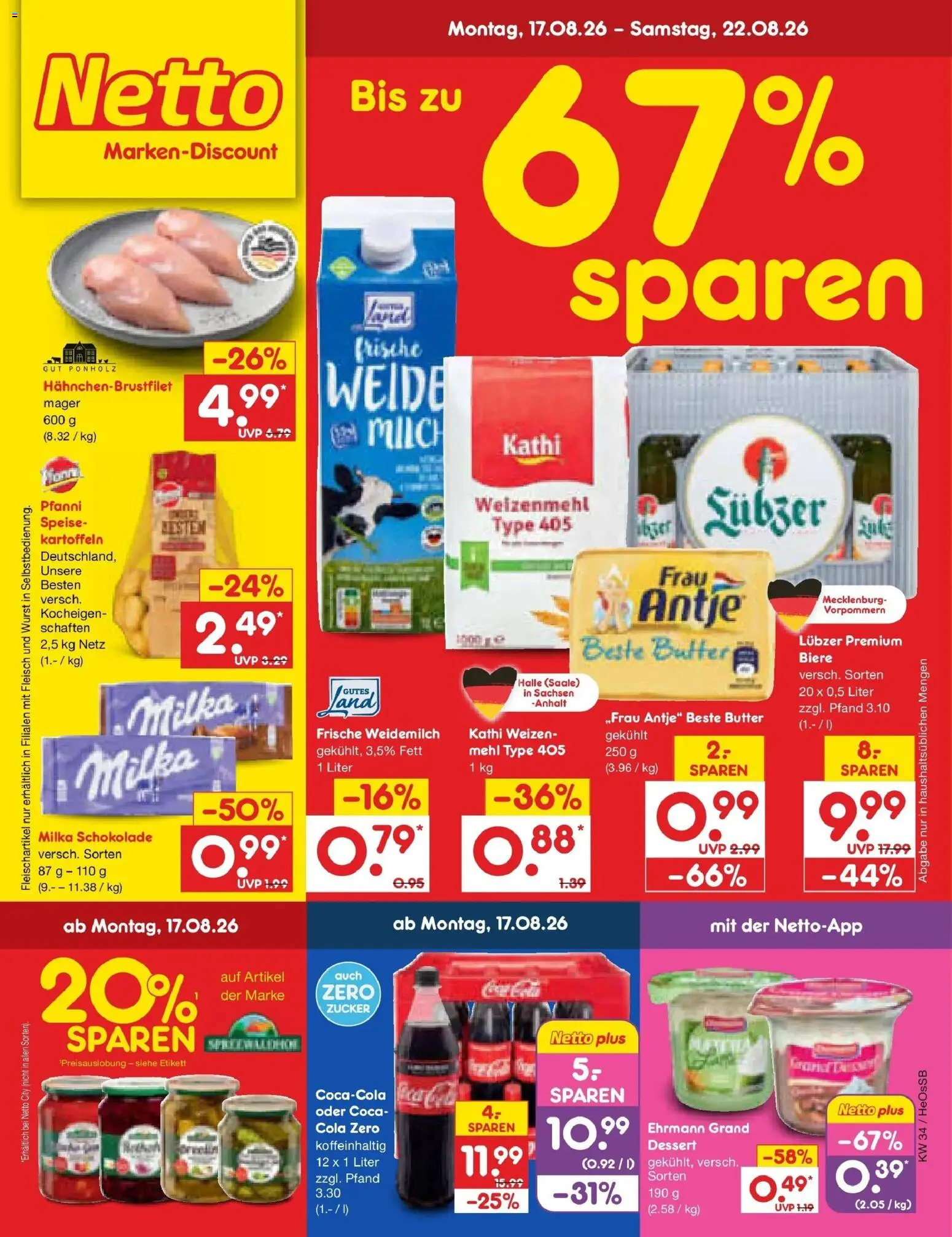 Netto Marken-Discount Prospekt Kröpelin – gültig ab 17.08.2026 | Seite: 1 | Produkte: Mehl, Cola, Kartoffeln, Fleisch
