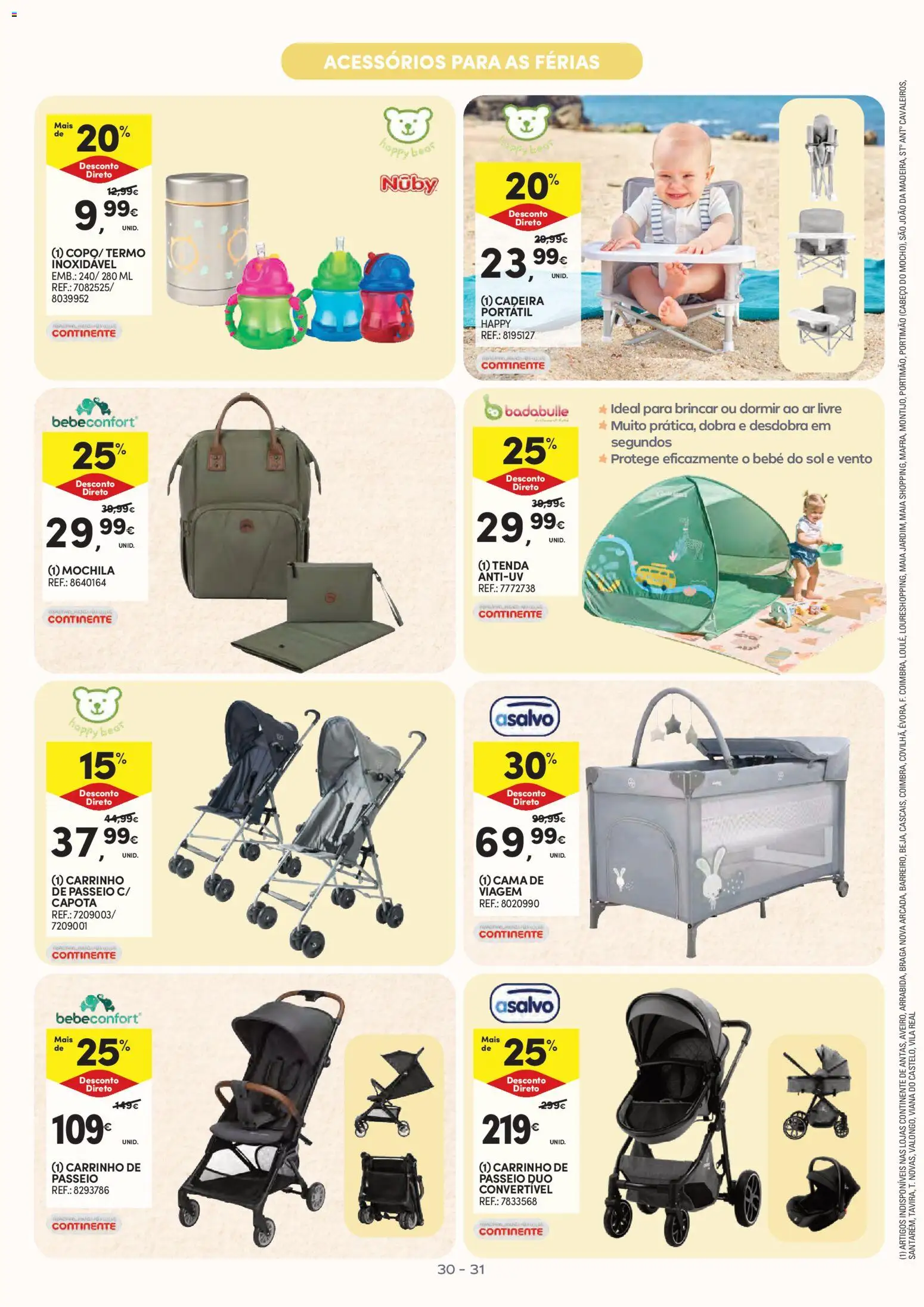 Continente Bebé Verão │ válido de 30/06/2026 | Página: 31 | Produtos: Mochila, Tenda, Cama, Cadeira