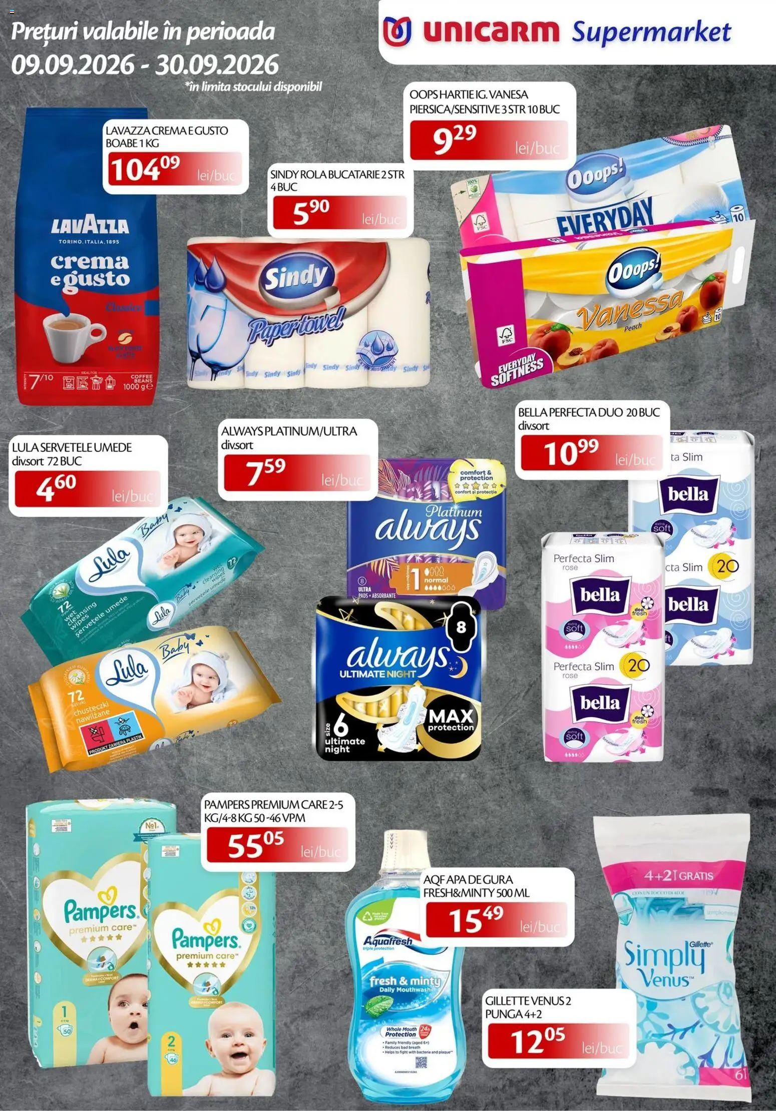 Noul catalog Unicarm – valabil de la 09.09.2026 | Pagină: 8 | Produse: Pungă, Apă de gură, Bella, Apă