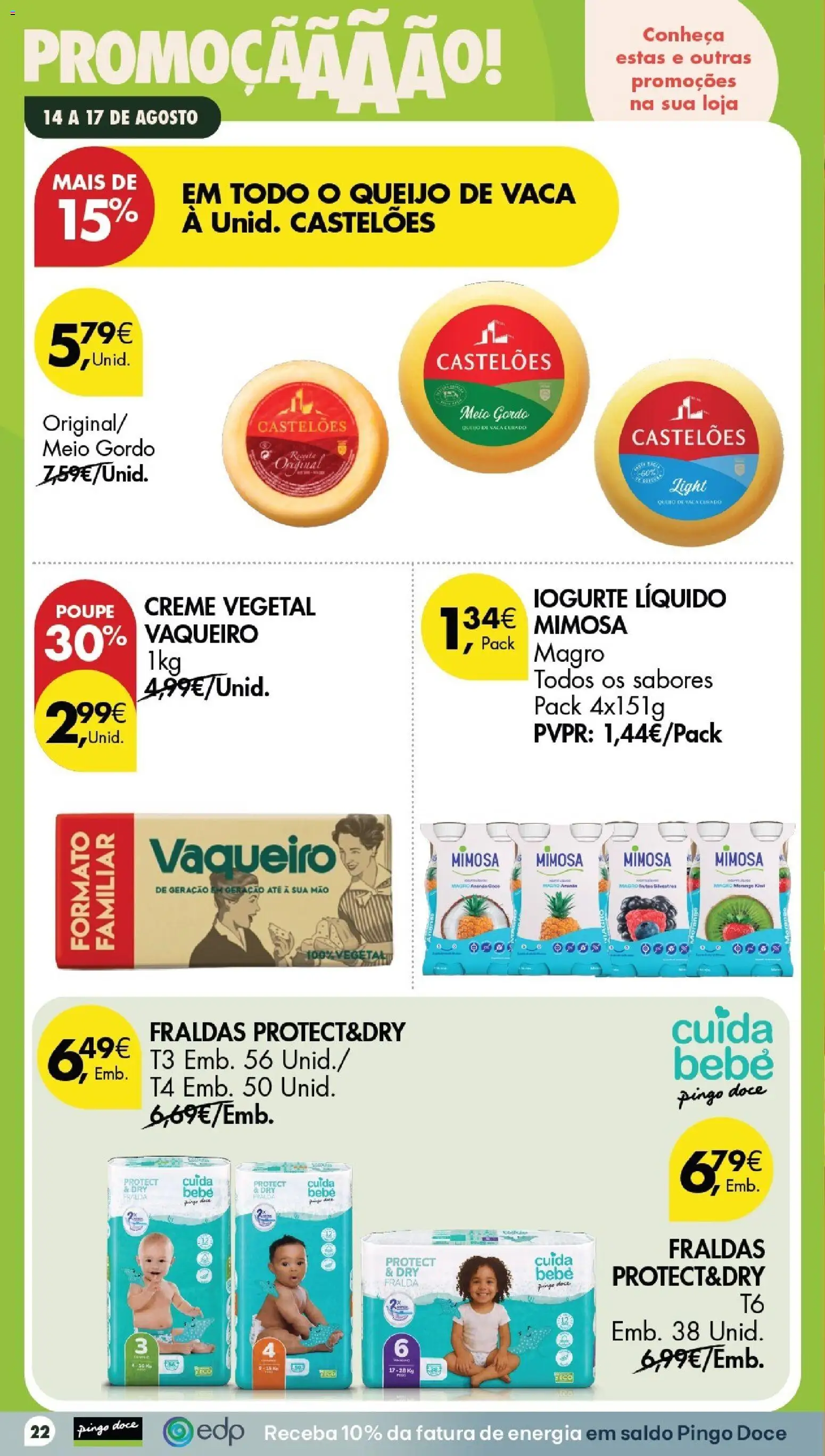 Pingo Doce Poupe este Fim de Semana │ válido de 14/08/2026 | Página: 22 | Produtos: Fraldas, Queijo, Iogurte, Iogurte liquido
