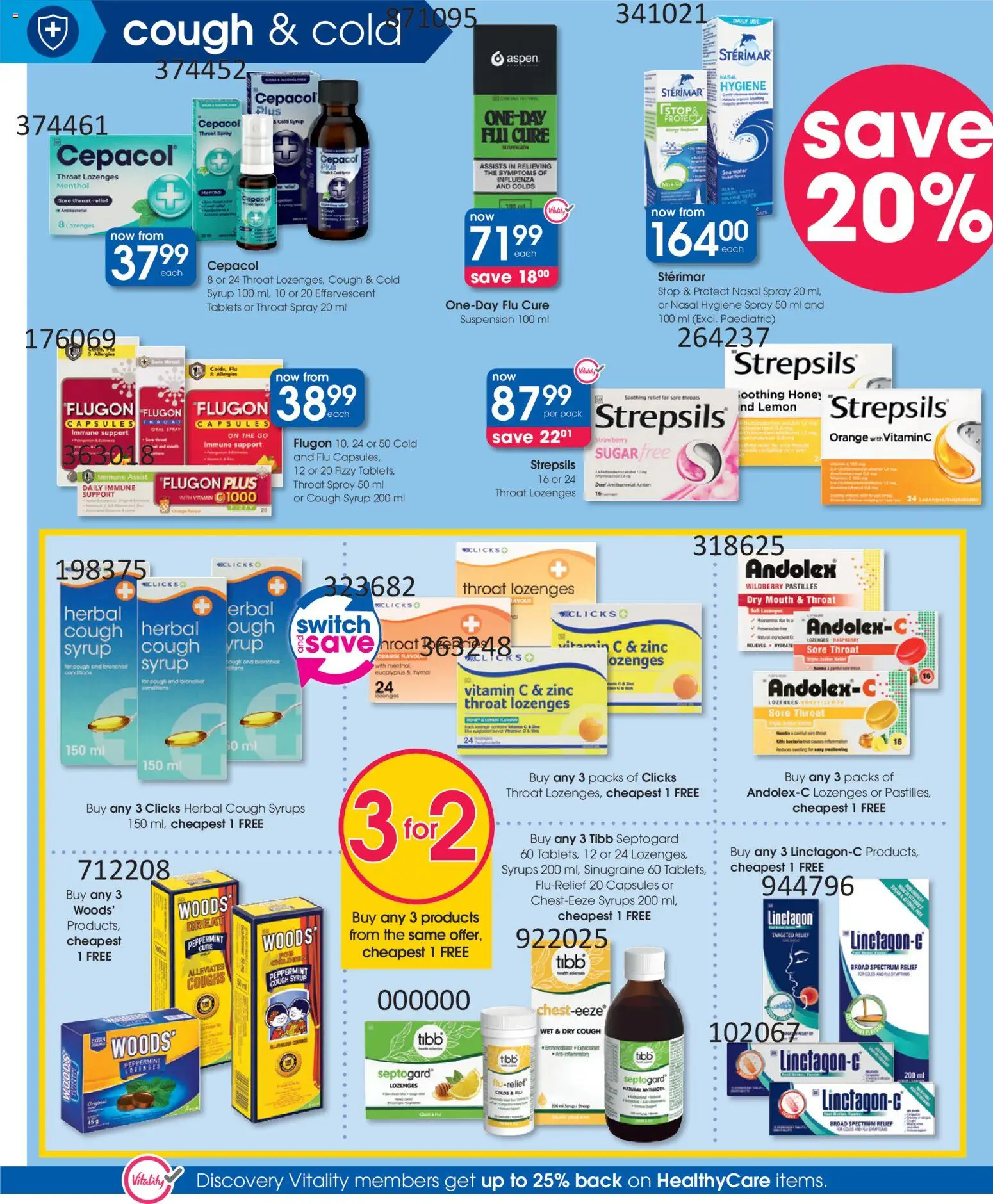 New Clicks catalogue – valid from 23.04.2026 | Page: 6 | Products: Cough syrup, Switch, Lozenges, Water
