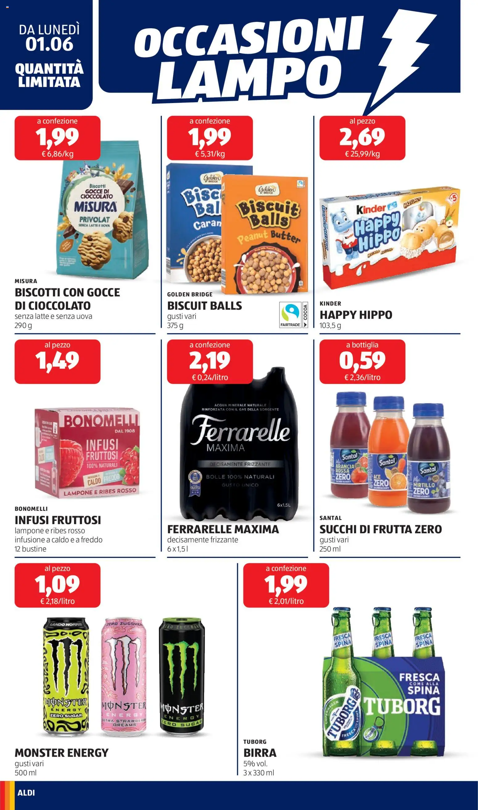 Volantino Aldi del 01.06.2026 | Pagina: 18 | Prodotti: Birra, Frutta, Latte, Ferrarelle