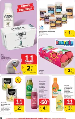 Danio, MANGO KIWI BANAAN, Spécialité au fromage frais, Danio, mangue/kiwi/banane,, vanille, fraise ou, stracciatella, 450 g - Voorbeeld van een folder van Carrefour, geldig van 19/08/2026 | Pagina: 12 | Producten: Limonade, Tropicana, Smoothie, Snacks