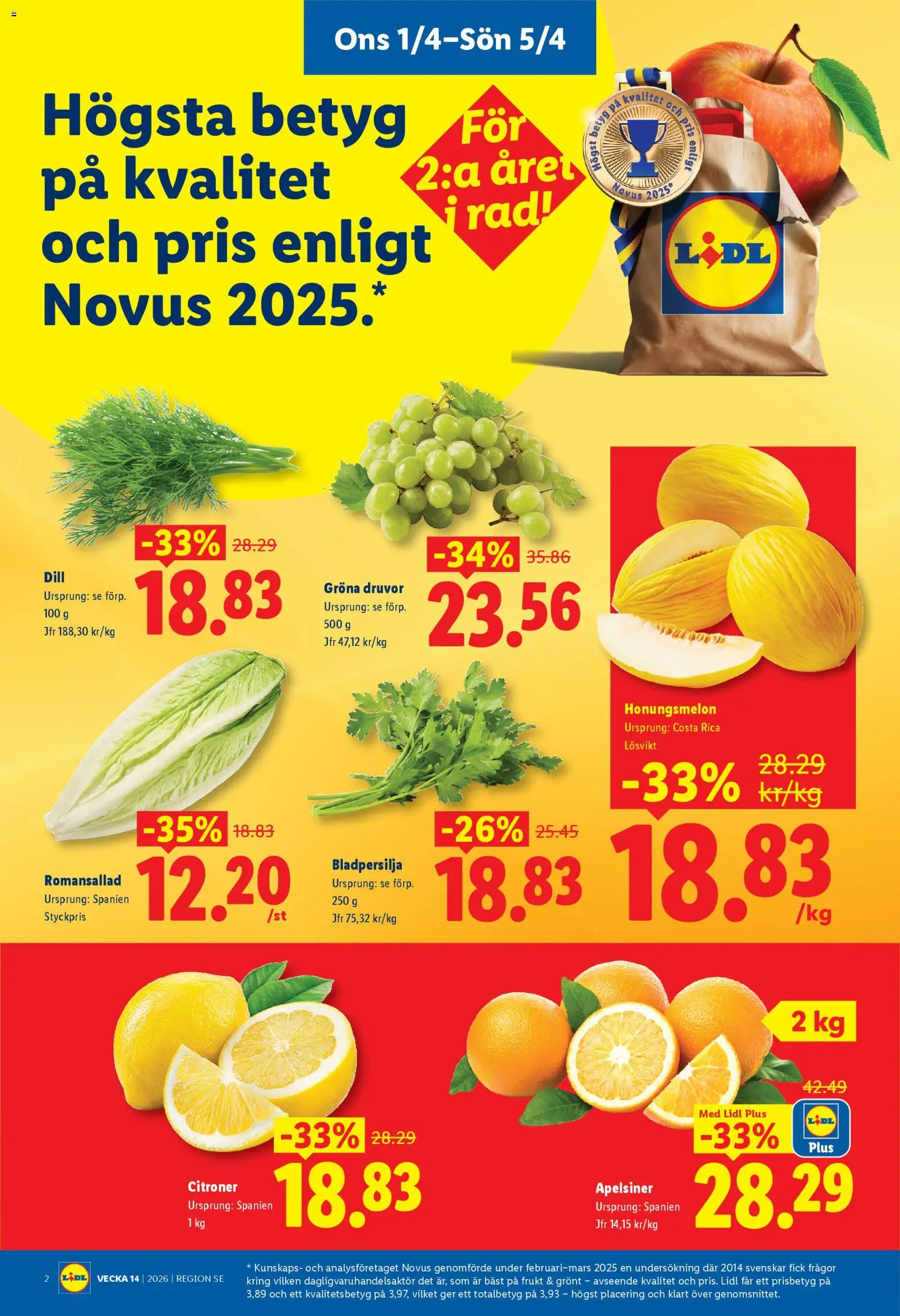 Lidl reklamblad aktuell från 01/04/2026 | Sida: 2 | Produkter: Honungsmelon, Romansallad, Apelsiner