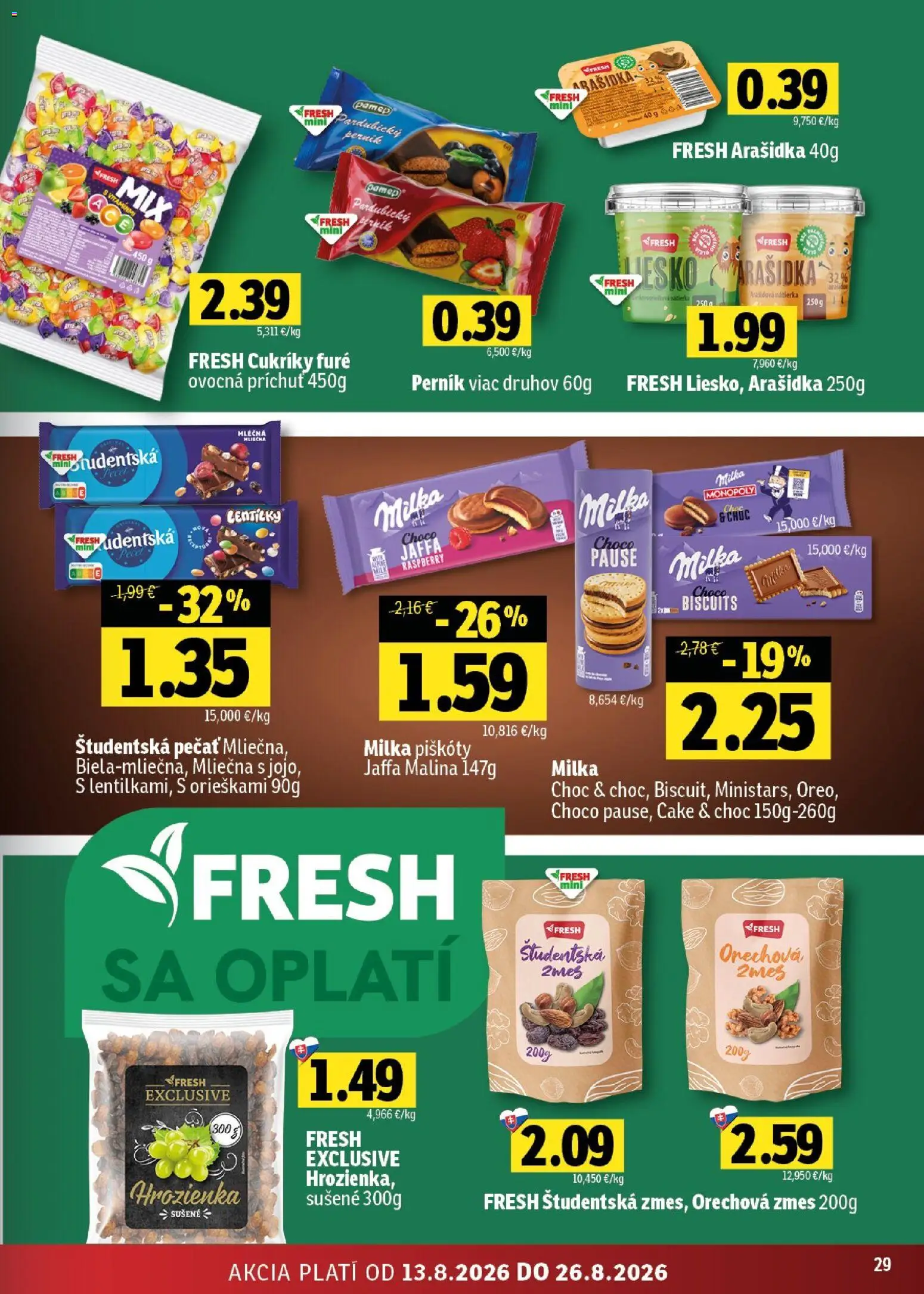 Nové Fresh akcie – leták je platný od 13.08.2026 | Strana: 29 | Produkty: Piškóty, Nátierka, Hrozienka, Milka