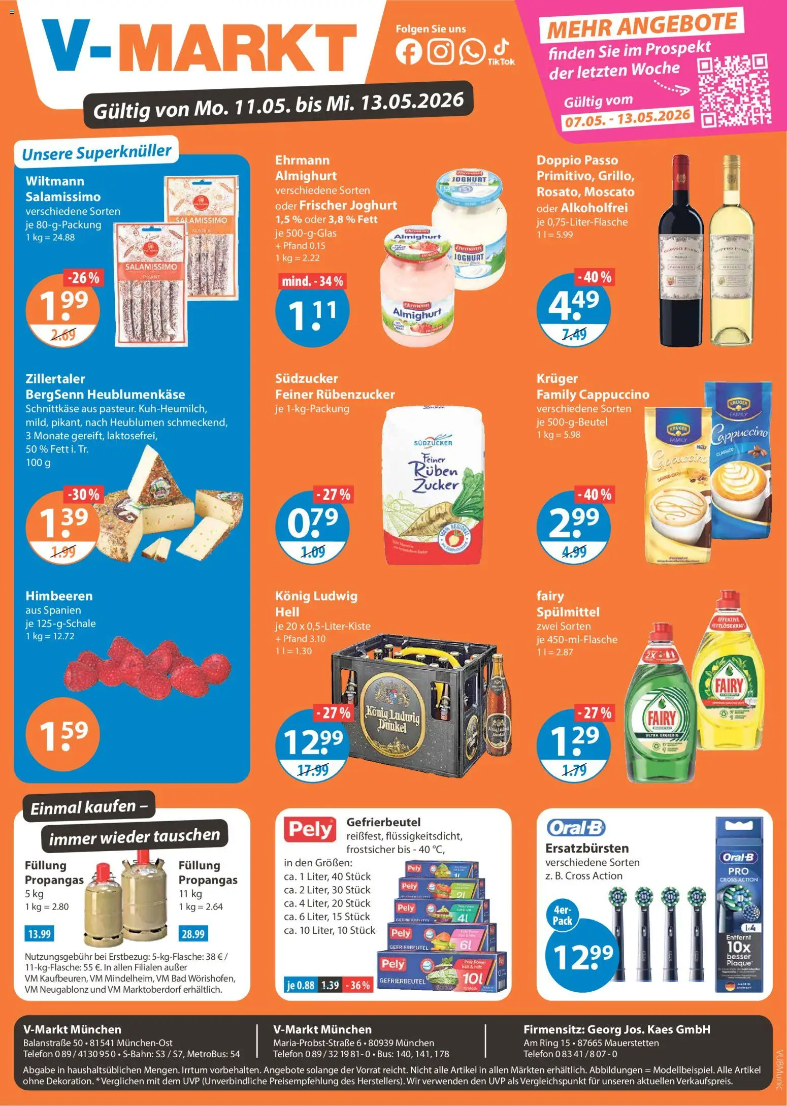 V-Markt München ab Montag – gültig ab 11.05.2026 | Seite: 1 | Produkte: Himbeeren, Bad, Zucker, Telefon