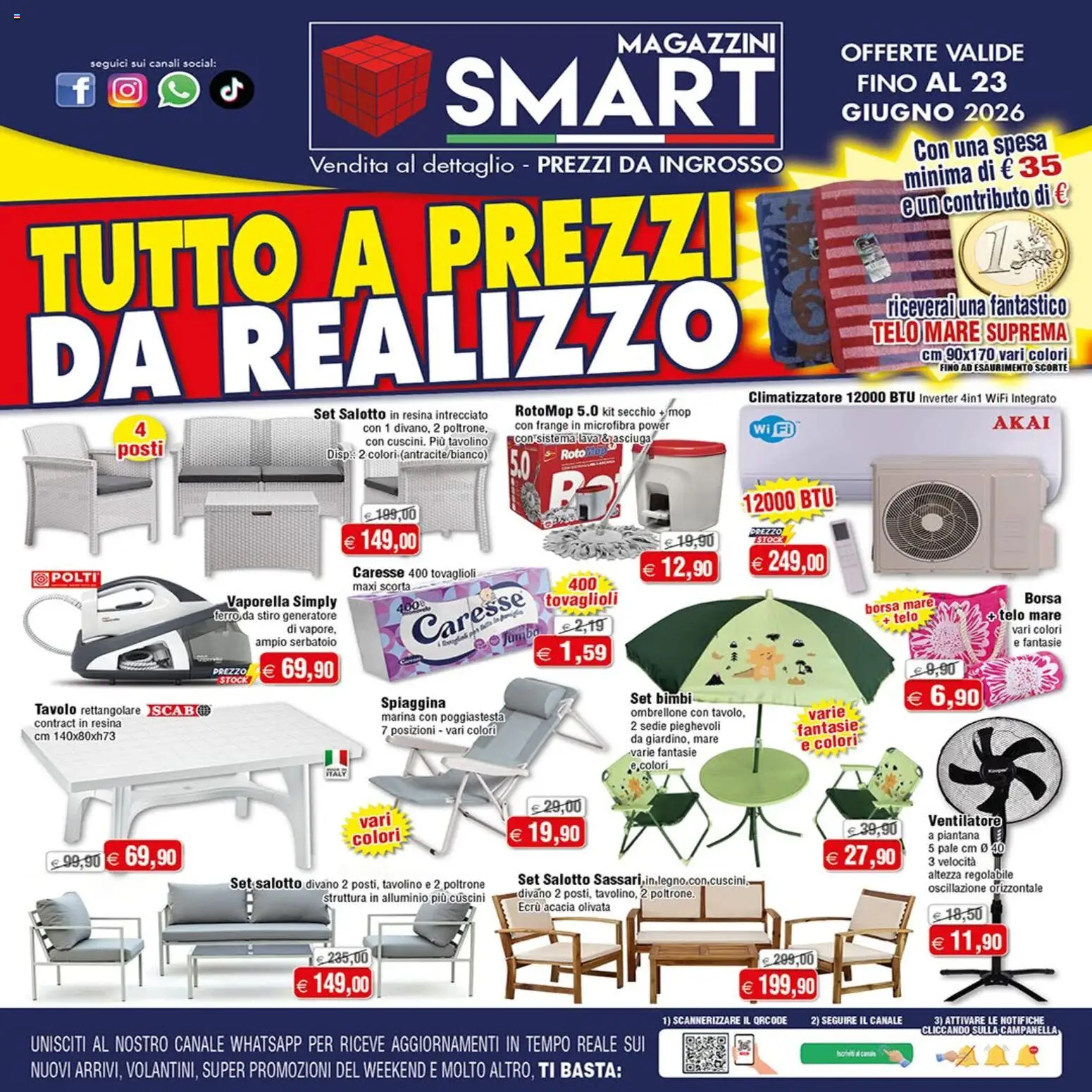 Volantino Magazzini Smart del 11.06.2026 | Pagina: 1 | Prodotti: Ventilatore, Ferro da stiro, Divano, Tavolo