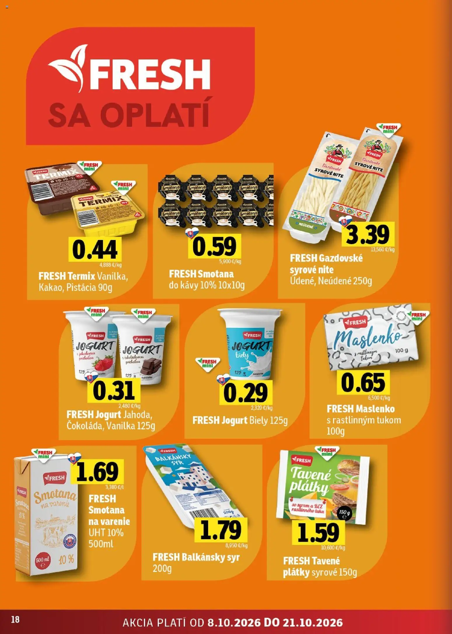 Nové Fresh akcie – leták je platný od 08.10.2026 | Strana: 18 | Produkty: Jogurt, Smotana, Termix, Balkánsky syr