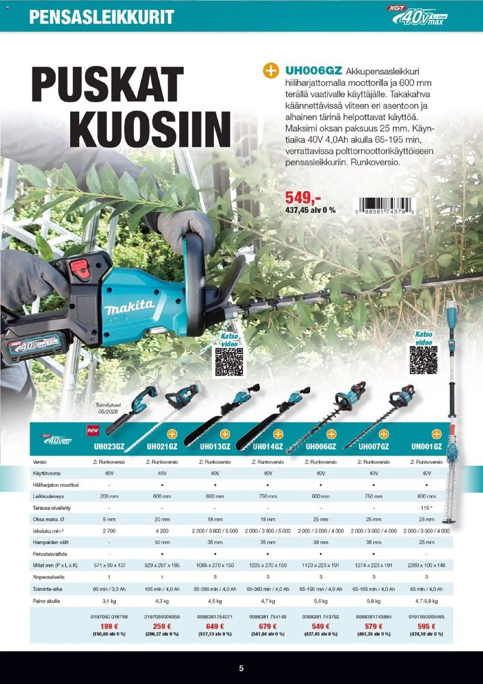 Makita tarjoukset - XGT esite 2026 – voimassa 07.04.2026 alkaen | Sivu: 5 | Tuotteet: Video