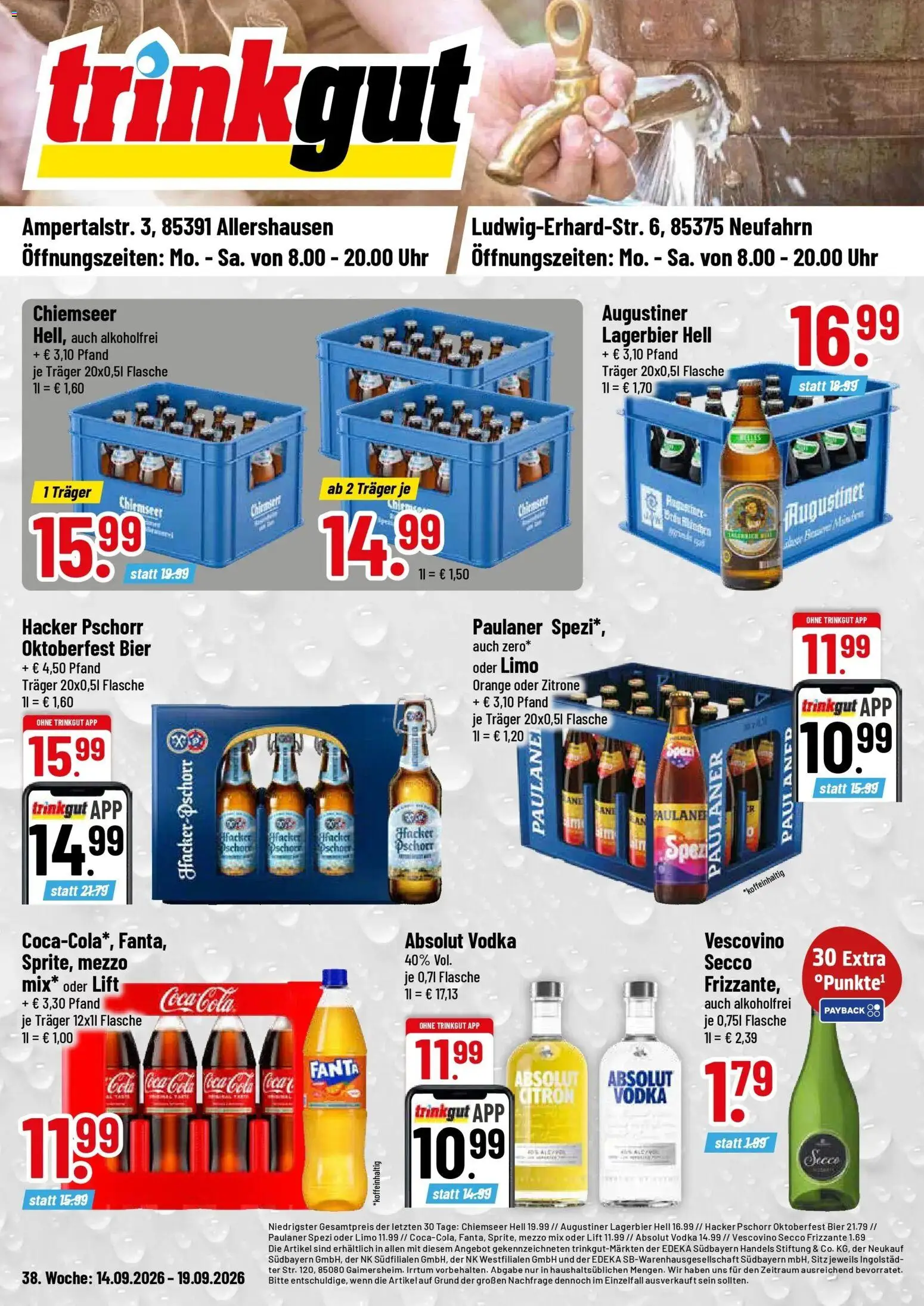 Trinkgut Prospekt Neufahrn (ab 14.09.2026) » Angebote online | Seite: 1 | Produkte: Mezzo mix, Coca cola, Paulaner spezi, Uhr