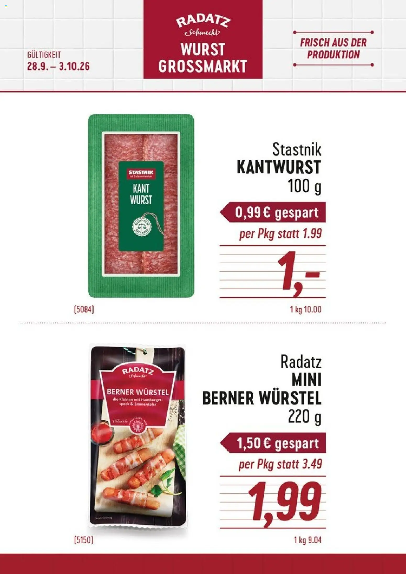 Radatz Wurst & Würstel gültig ab 28.09.2026 | Seite: 1 | Produkte: Wurst, Speck