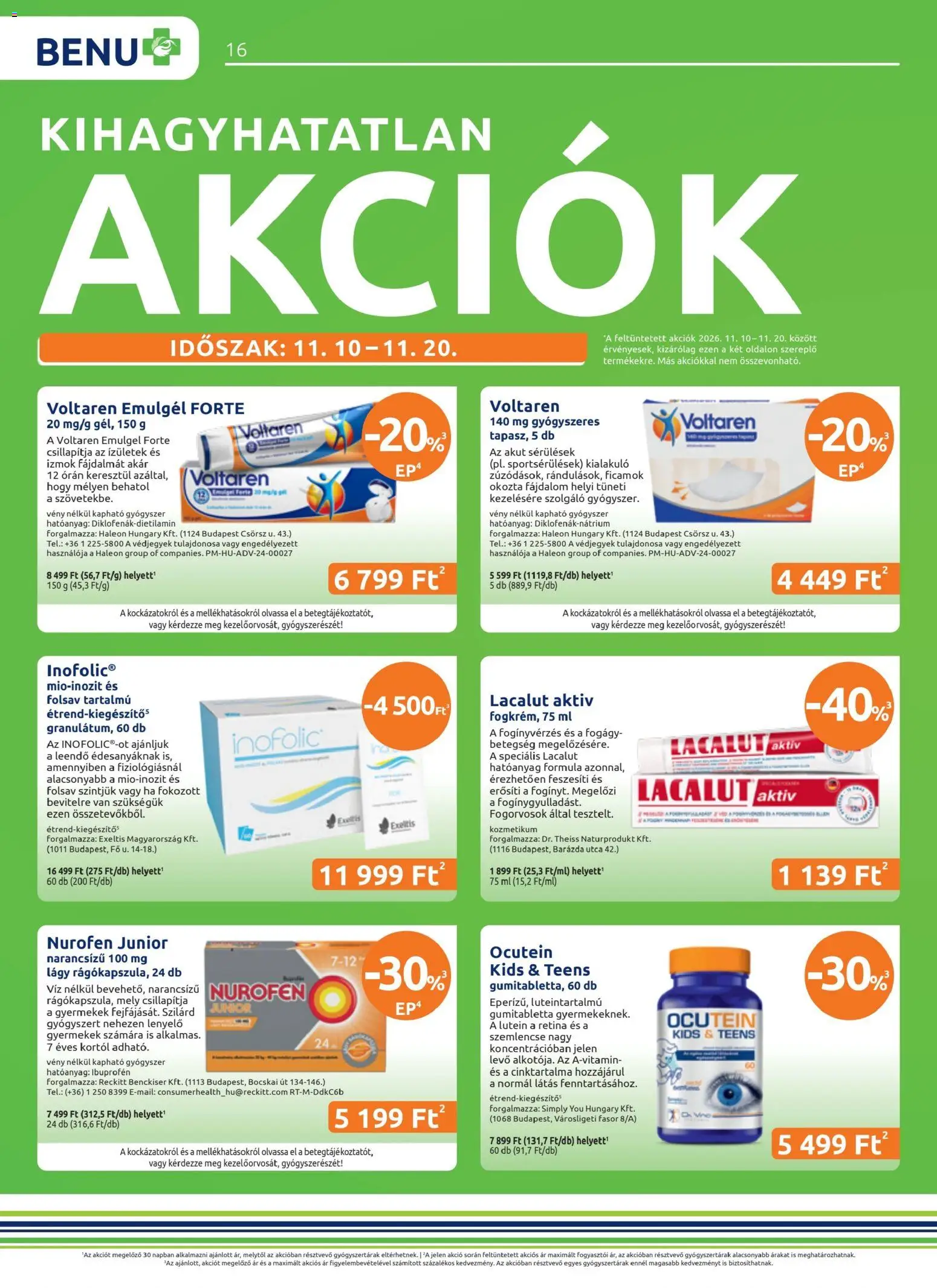 BENU Gyógyszertárak akciós ujság - amely érvényes a következő dátumtól: 2026.11.01. | Oldal: 16 | Termékek: Ibuprofen, Víz