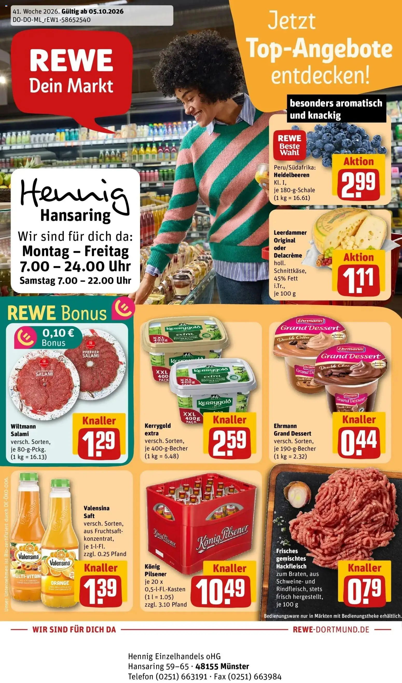 REWE Prospekt ab 05.10.2026 zum Blättern » Angebote | Seite: 1 | Produkte: Leerdammer, Valensina, Uhr, Hackfleisch