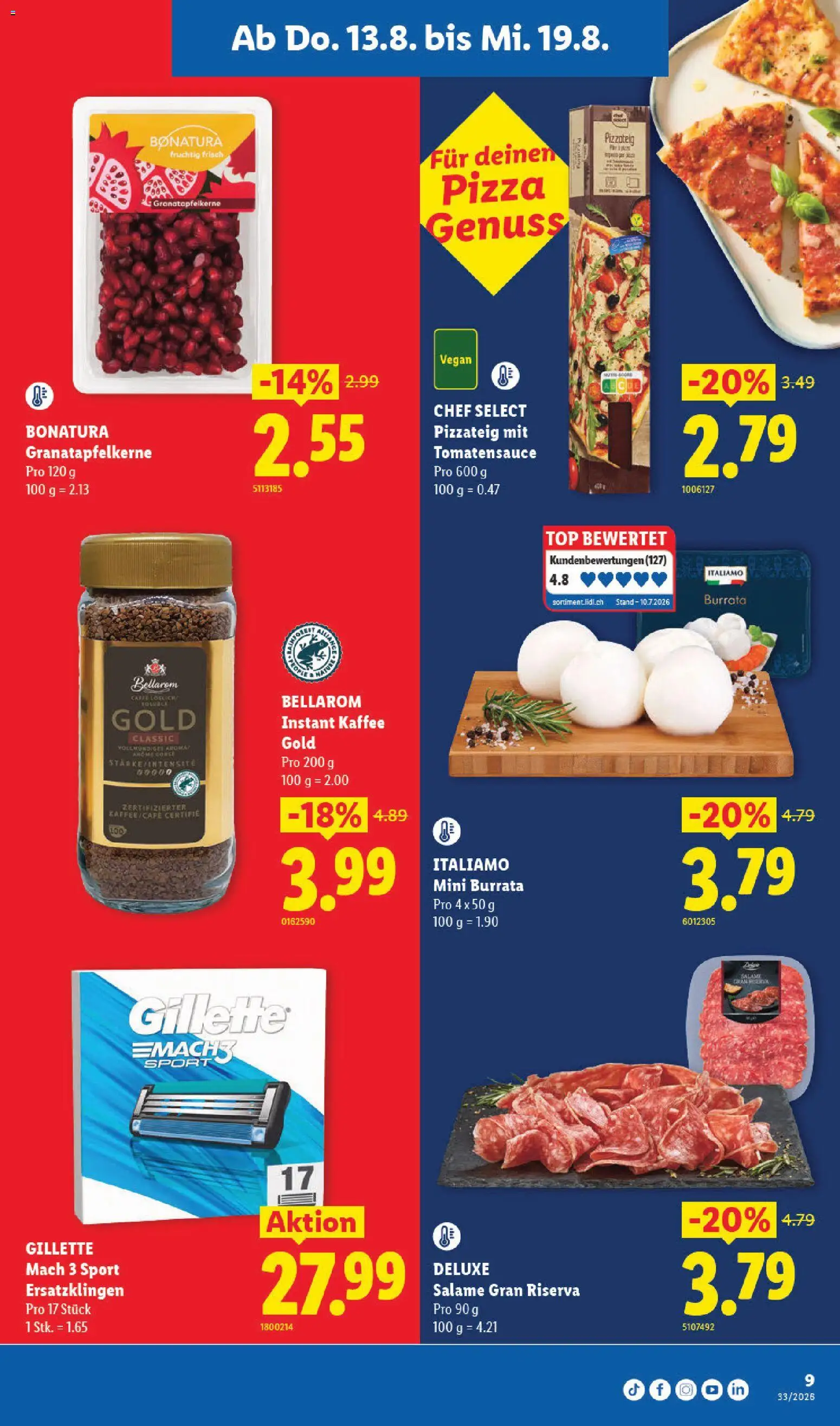 Lidl aktionen – gültig ab 13.08.2026 | Seite: 13 | Produkte: Burrata, Kaffee, Pizza, Top