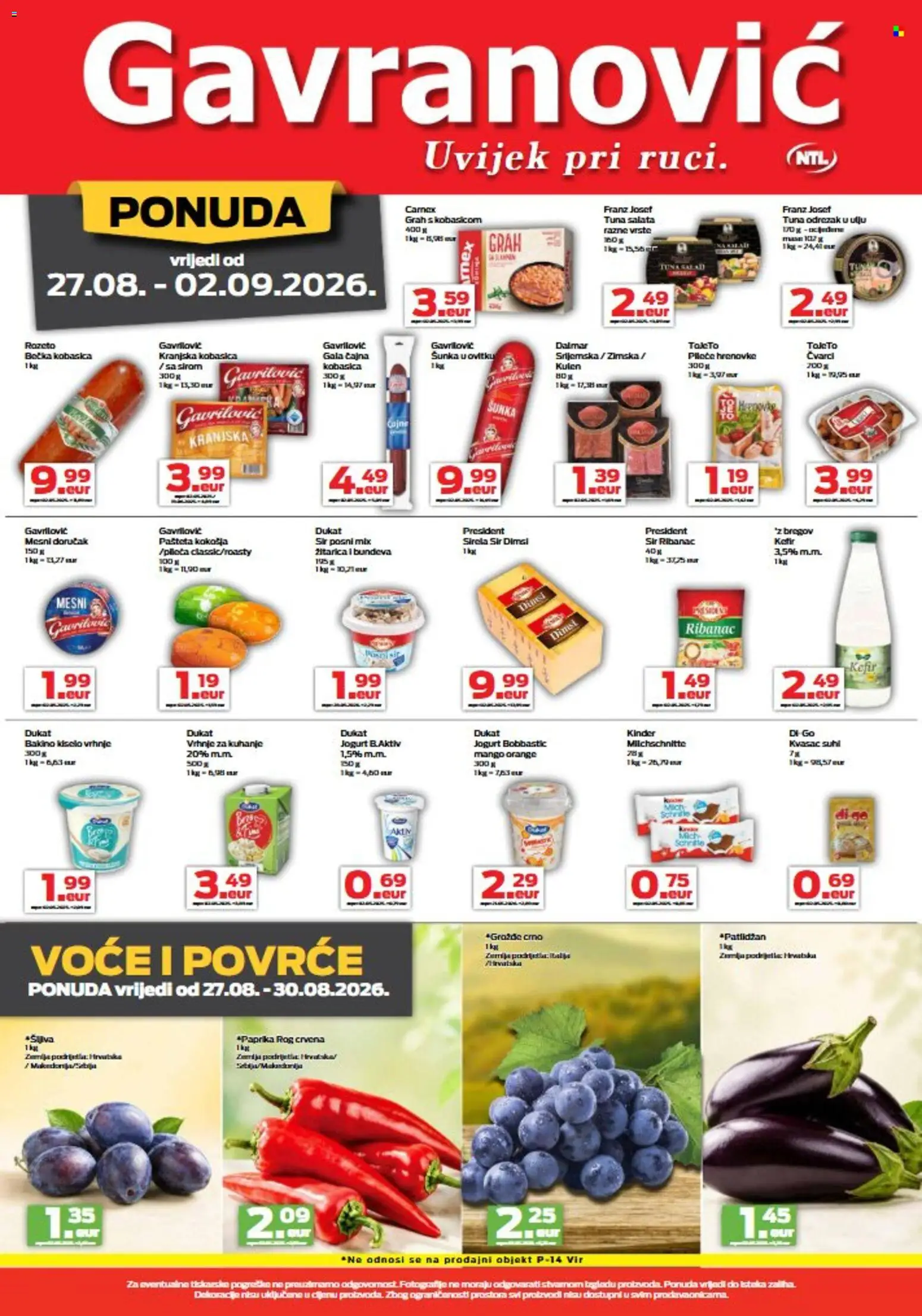 Gavranović katalog | vrijedi od 27.08.2026 | Stranica: 2 | Proizvodi: Jogurt, Kranjska kobasica, Voće, Bundeva