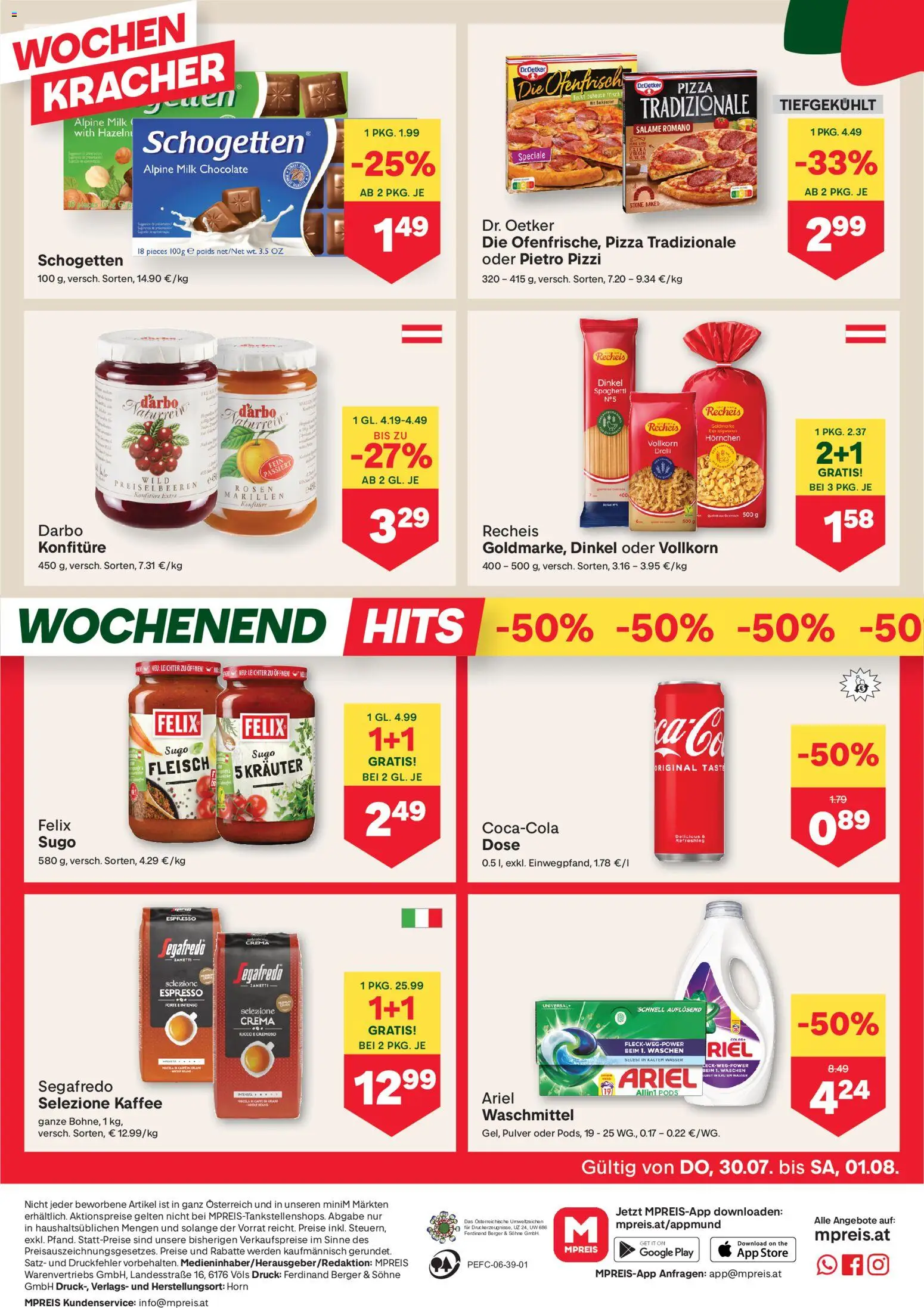 MPREIS Flugblatt gültig ab 30.07.2026 | Seite: 12 | Produkte: Spaghetti, Kaffee, Pizza, Waschmittel
