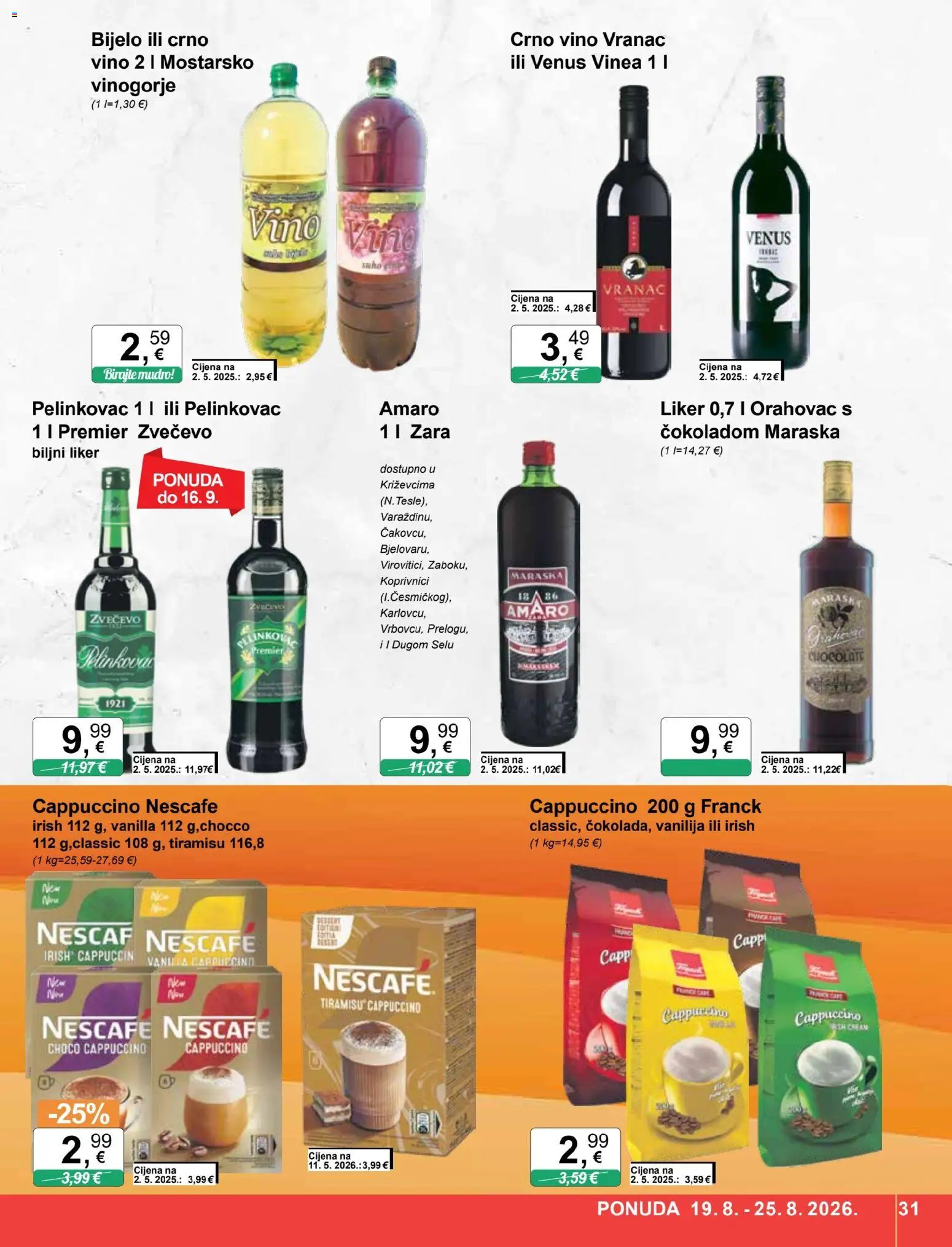 KTC katalog | vrijedi od 19.08.2026 | Stranica: 31 | Proizvodi: Pelinkovac, Nescafe cappuccino, Nescafe, Vino