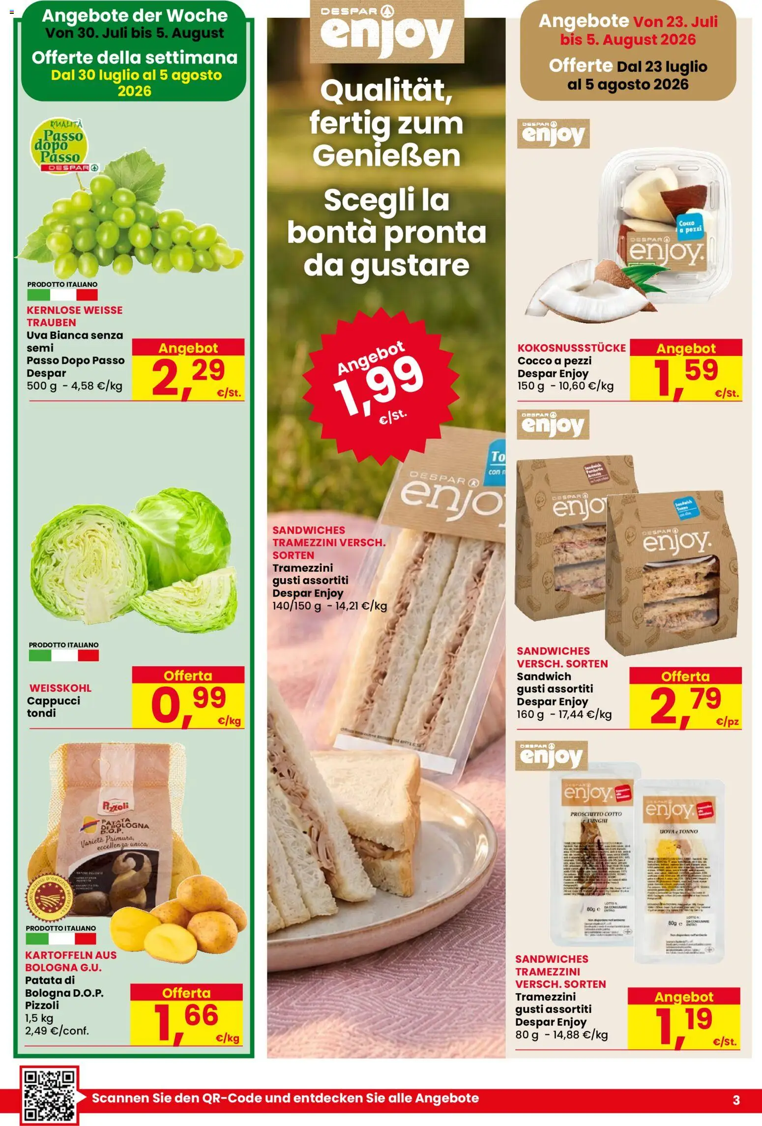 Volantino Despar del 23/07/2026 | Pagina: 3 | Prodotti: Prosciutto Cotto, Funghi, Uva, Cocco