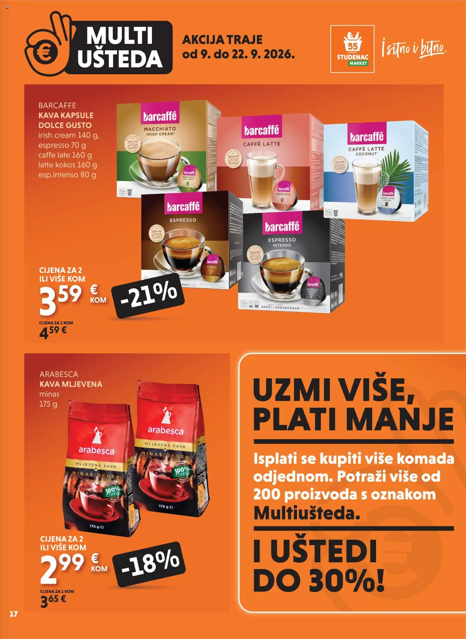 Studenac katalog | vrijedi od 09.09.2026 | Stranica: 17 | Proizvodi: Mljevena kava, Dolce Gusto, Nescafe, Arabesca