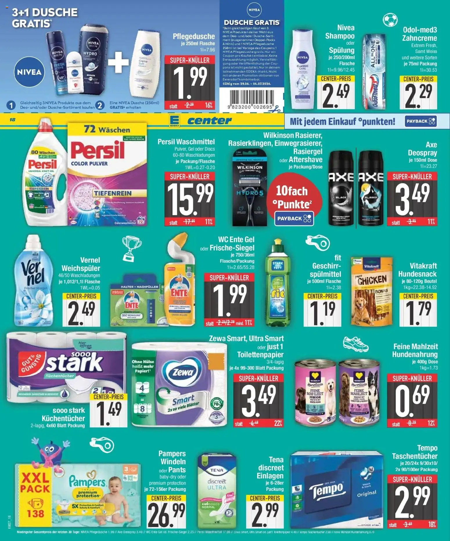 E center Wochenangebote – gültig ab 29.06.2026 | Seite: 18 | Produkte: Pampers, Waschmittel, Tempo, Persil