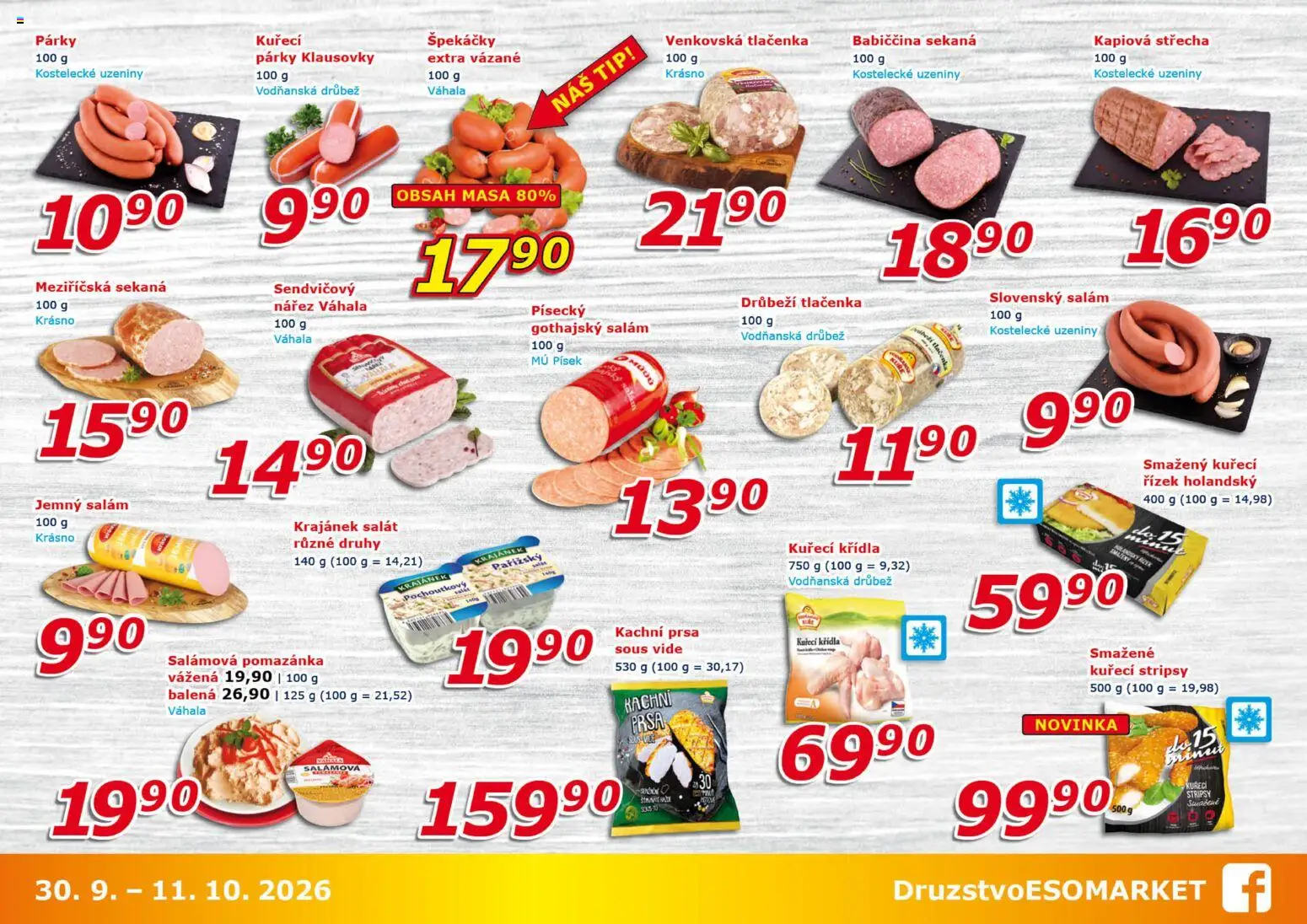 Eso market leták od 30.09.2026 | Strana: 3 | Produkty: Salám, Písek, Kachní prsa, Tlačenka