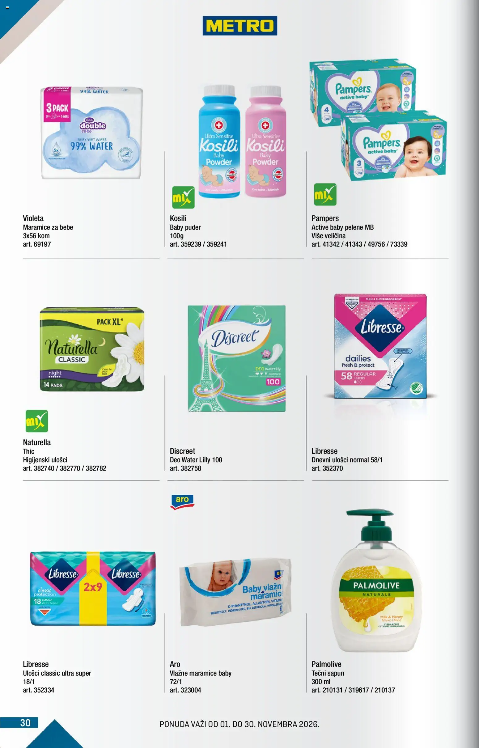 Metro katalog - važi od 01.11.2026 | Strana: 30 | Proizvode: Pampers, Higijenski ulošci, Palmolive, Ulošci