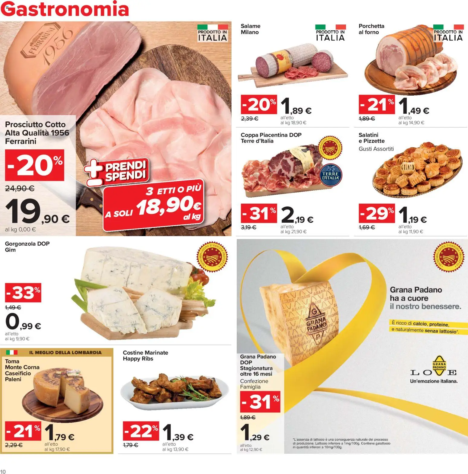 Volantino Carrefour del 29/09/2026 | Pagina: 10 | Prodotti: Prosciutto, Costine marinate, Grana Padano, Gorgonzola