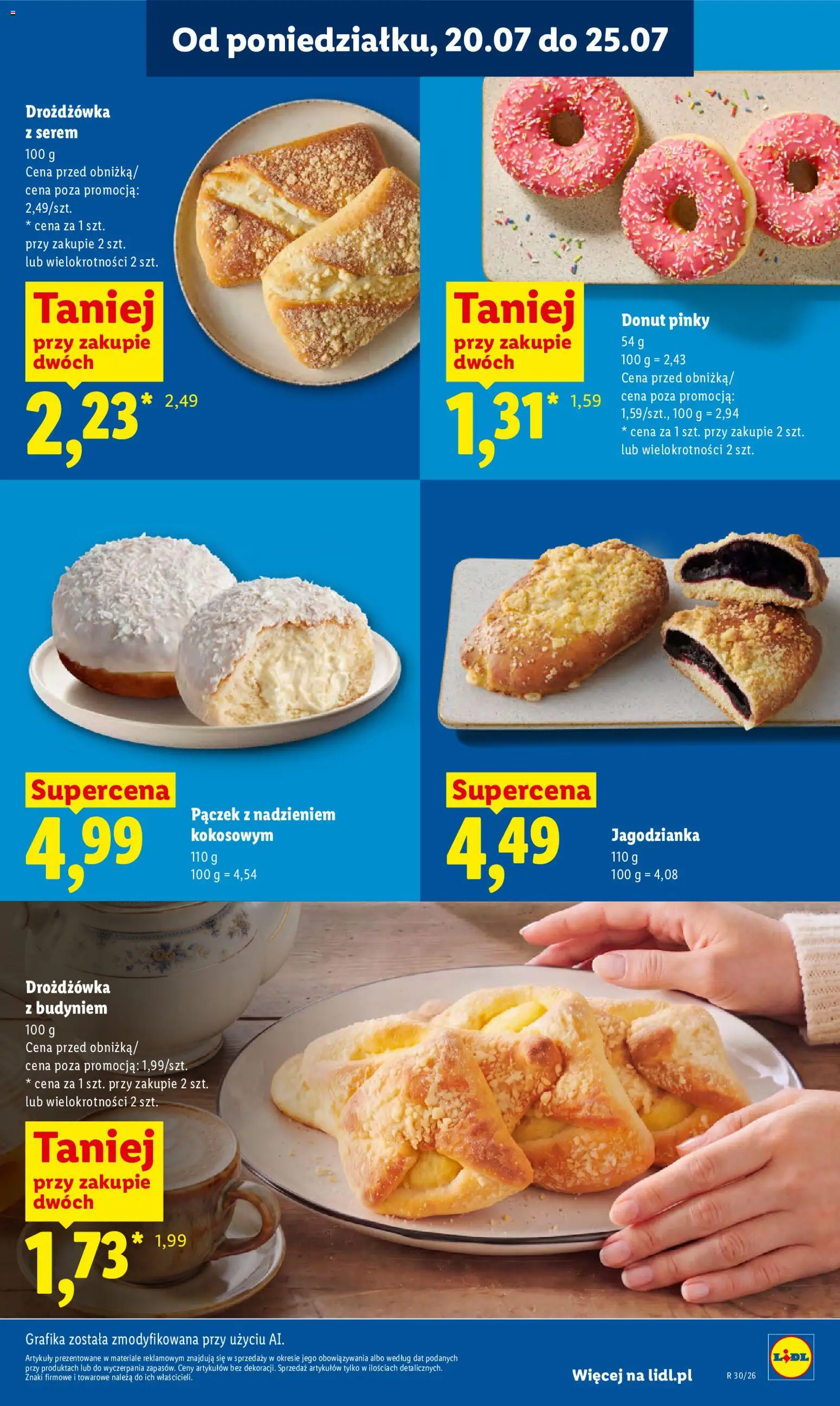 Lidl gazetka od 20.07.2026 | Strona: 65 | Produkty: Drożdżówka z budyniem, Pączek, Donut, Jagodzianka