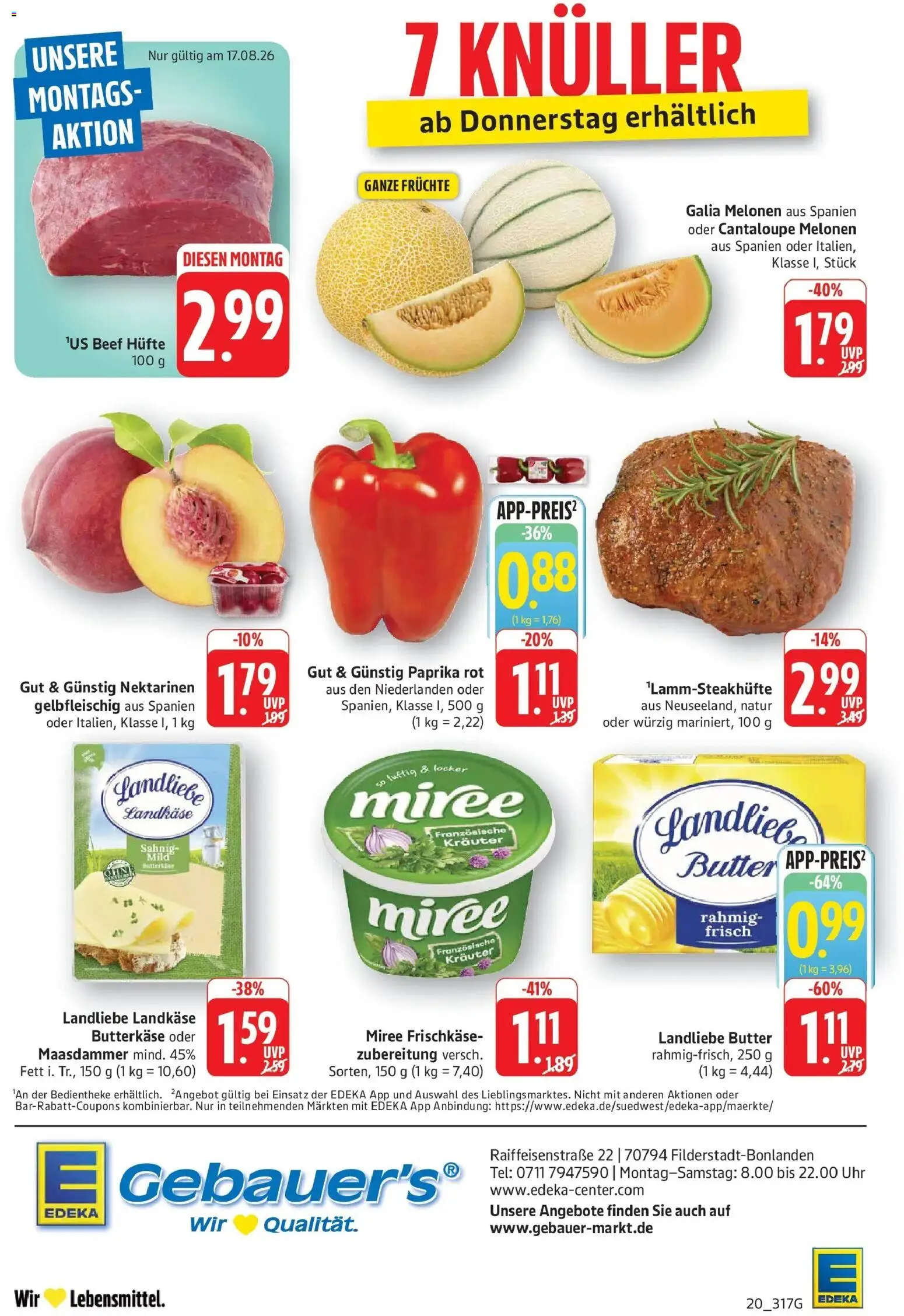Edeka Prospekt Filderstadt-Bonlanden (ab 17.08.2026) » Angebote Online | Seite: 20 | Produkte: Nektarinen, Paprika rot, Landliebe butter, Uhr