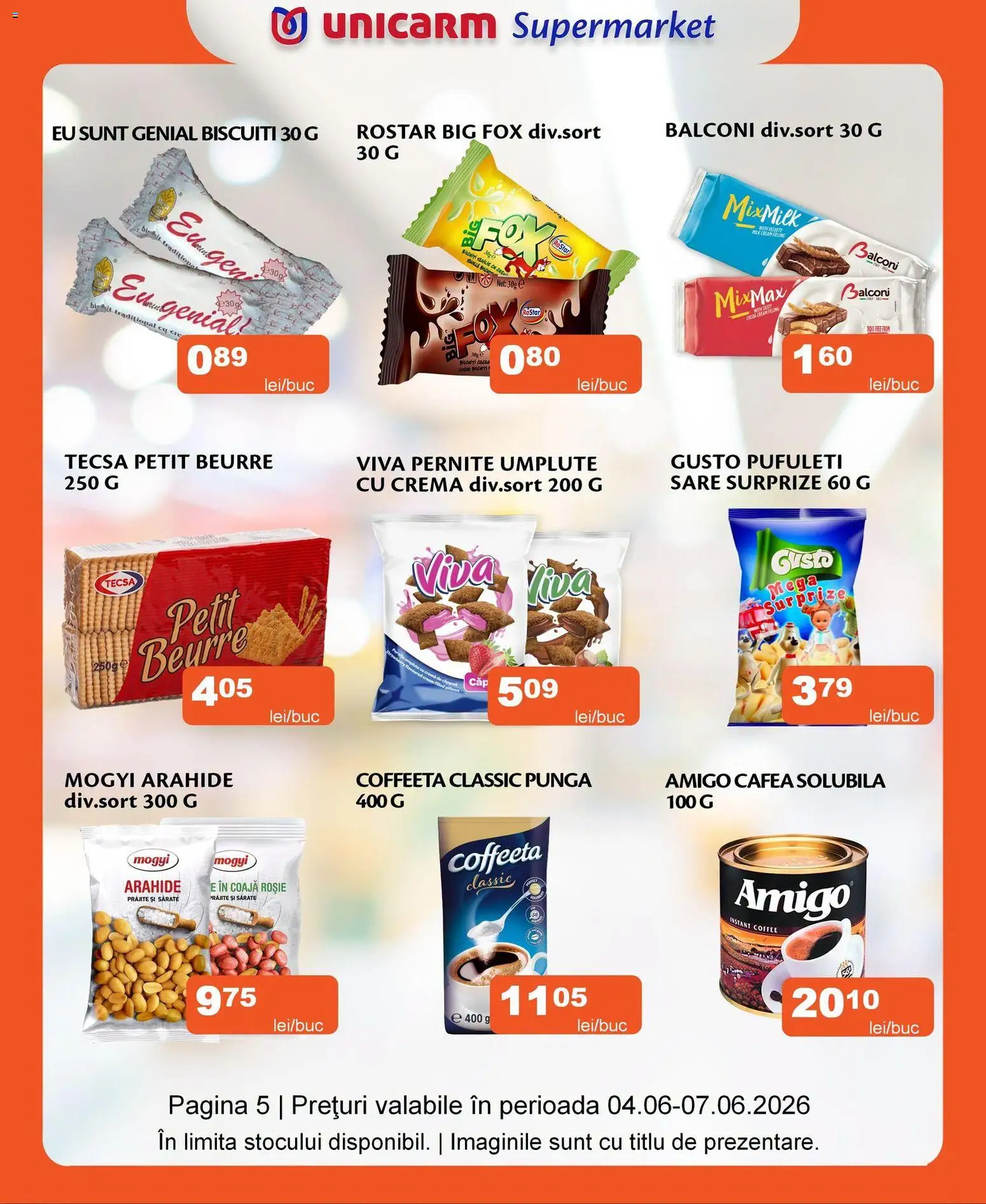 Noul catalog Unicarm – valabil de la 04.06.2026 | Pagină: 5 | Produse: Pungă, Cremă, Cafea, Biscuiți