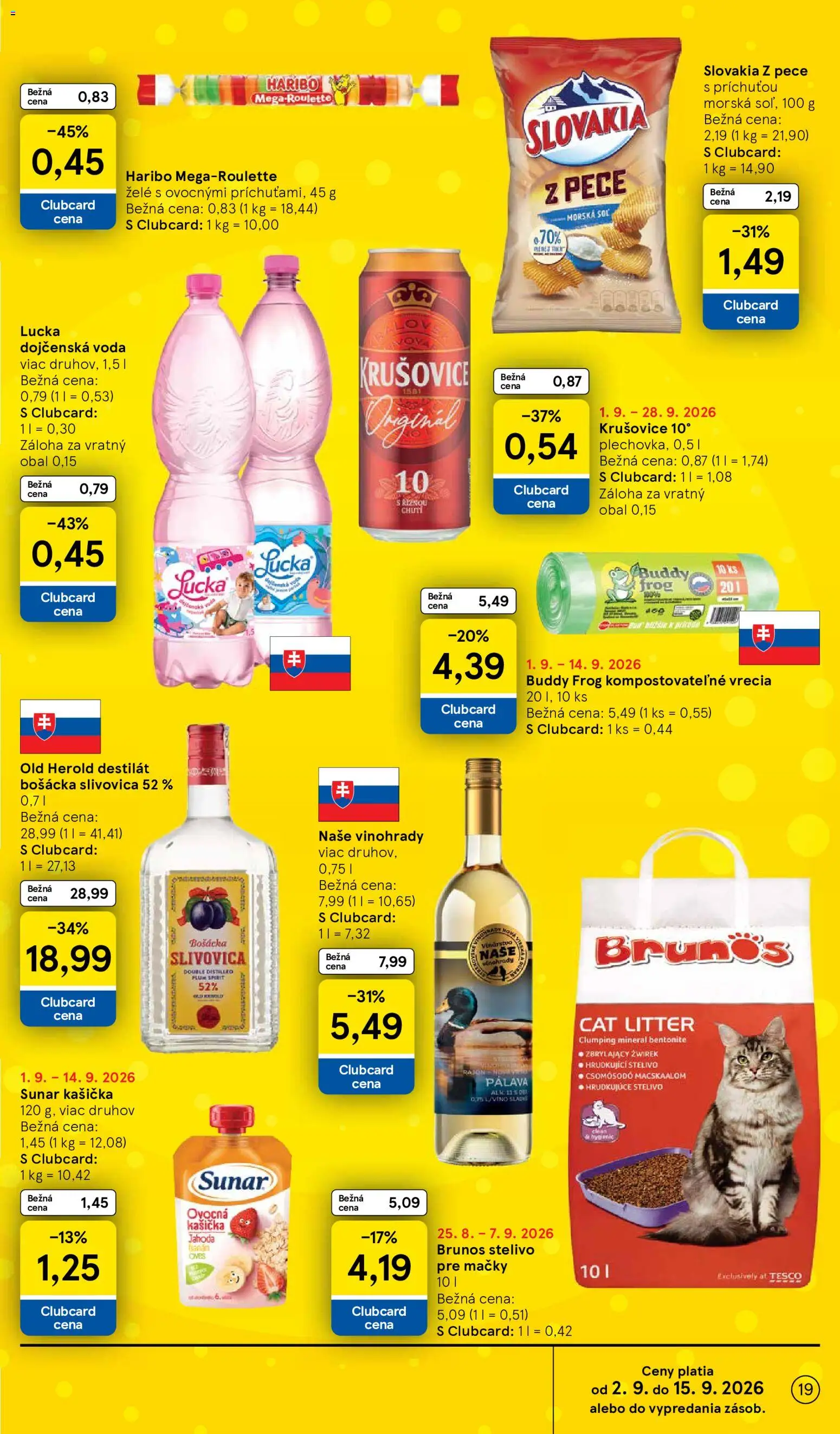 Nové Tesco akcie – leták je platný od 02.09.2026 | Strana: 19 | Produkty: Sunar, Slivovica, Lucka, Voda