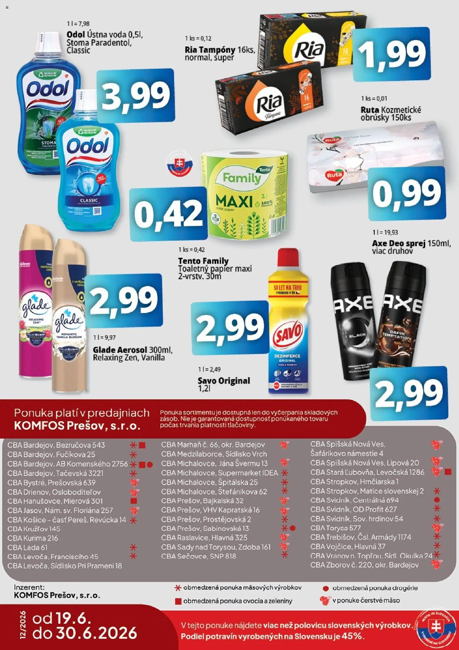 Nové CBA Komfos akcie – leták je platný od 19.06.2026 | Strana: 16 | Produkty: Savo, Toaletný papier, Ústna voda, Voda