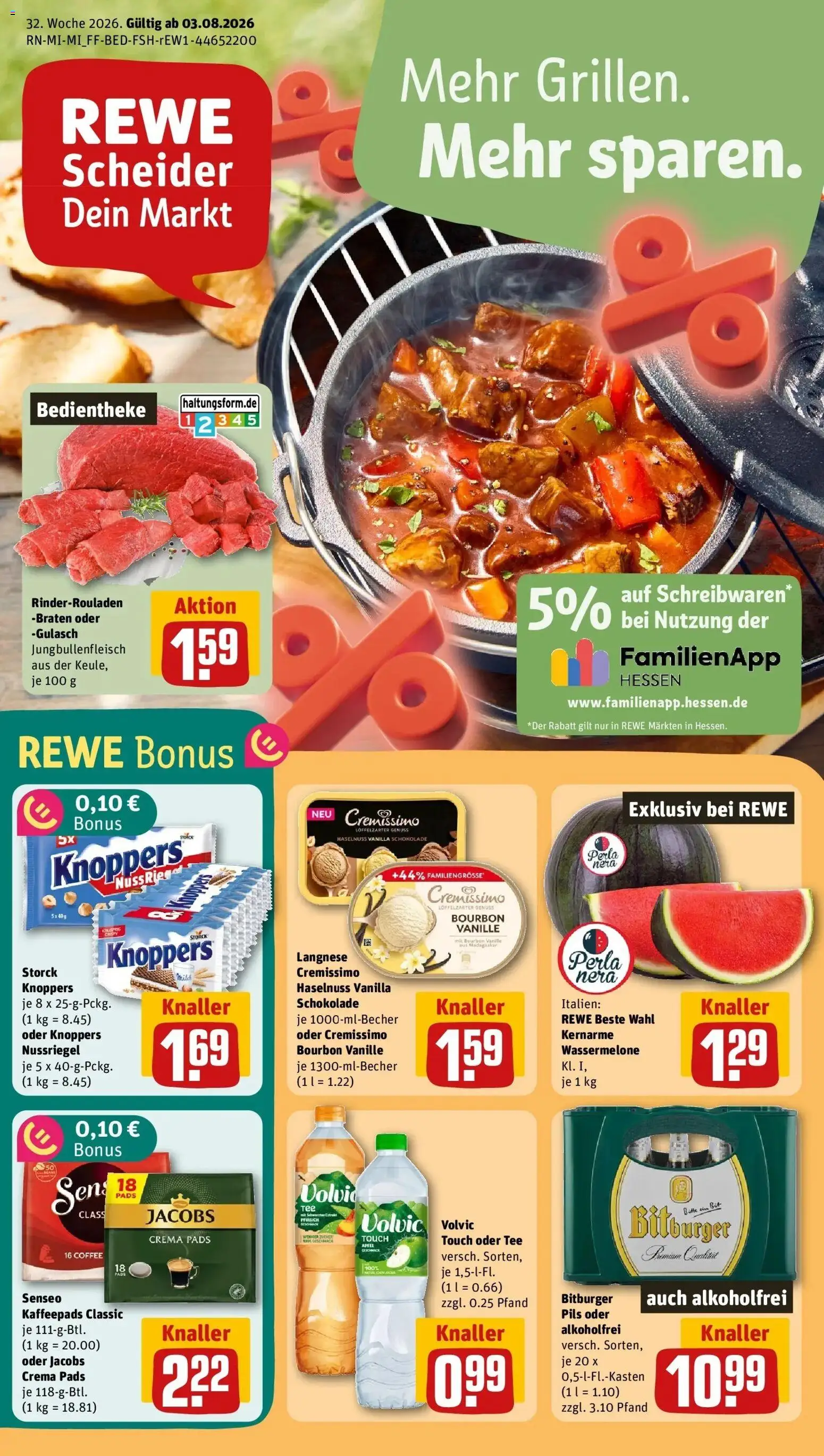 REWE Prospekt ab 03.08.2026 zum Blättern » Angebote | Seite: 1 | Produkte: Bitburger, Langnese, Pils, Wassermelone
