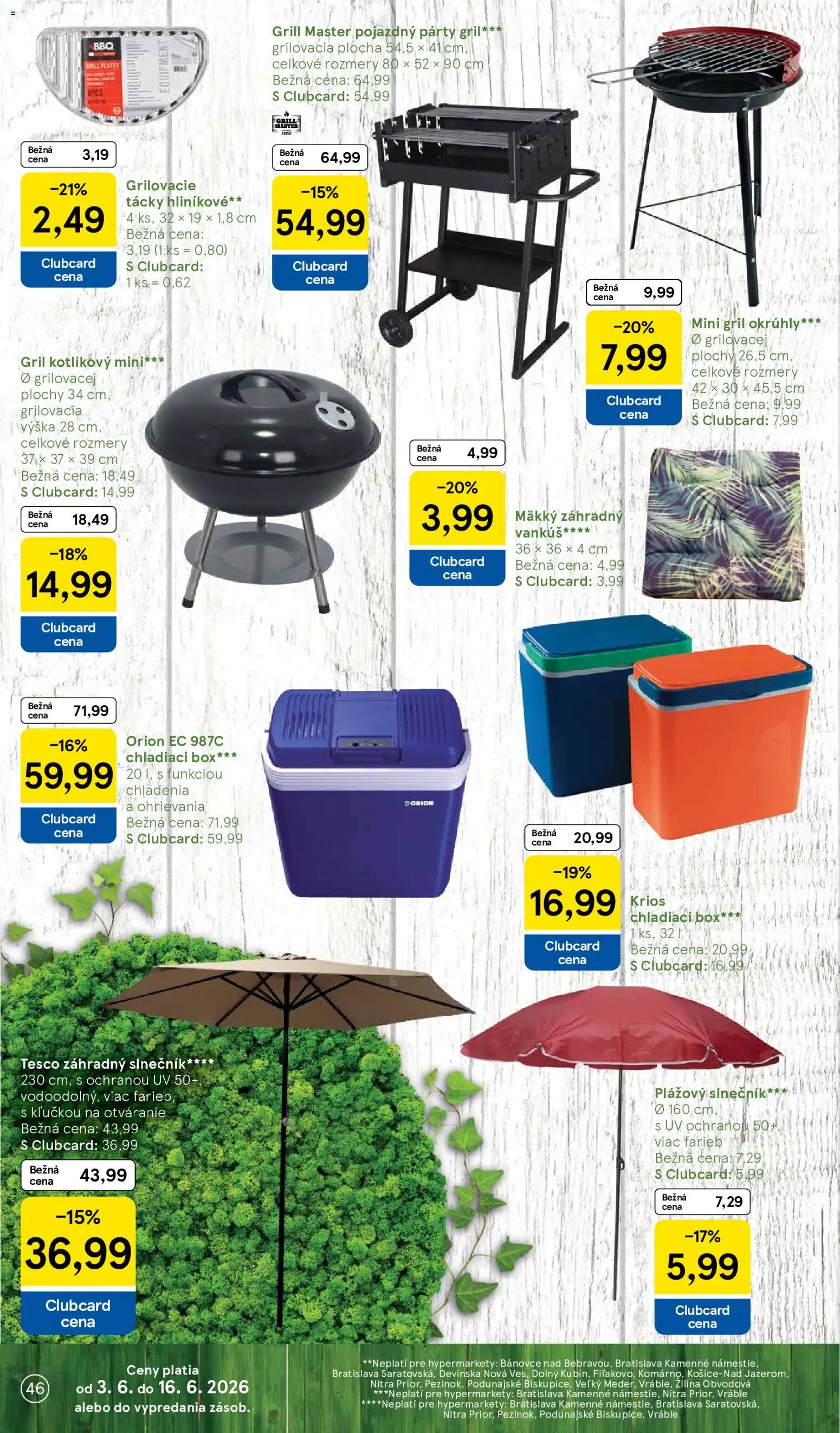 Nové Tesco akcie – leták je platný od 03.06.2026 | Strana: 46 | Produkty: Gril, Vankúš, Chladiaci box
