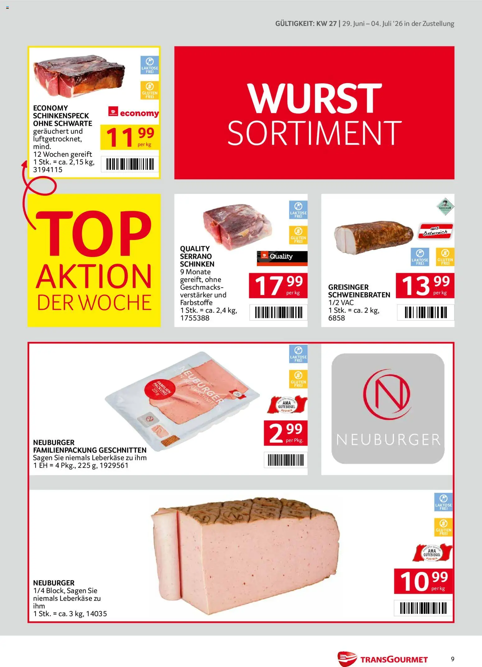 Transgourmet Zustellaktion gültig ab 29.06.2026 | Seite: 9 | Produkte: Wurst, Schinken
