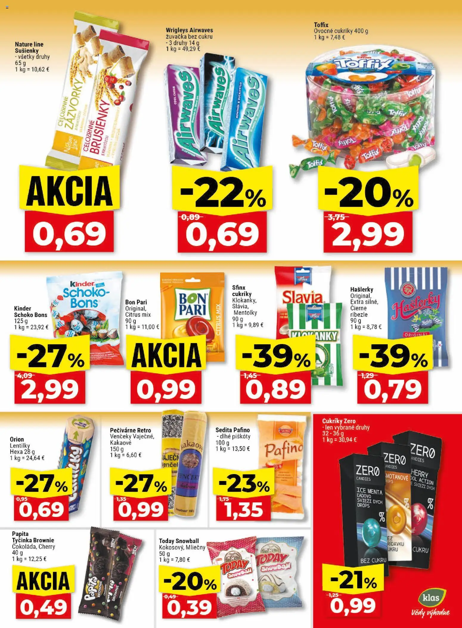 Nové Klas akcie – leták je platný od 18.05.2026 | Strana: 18 | Produkty: Ríbezle, Kinder, Cukríky