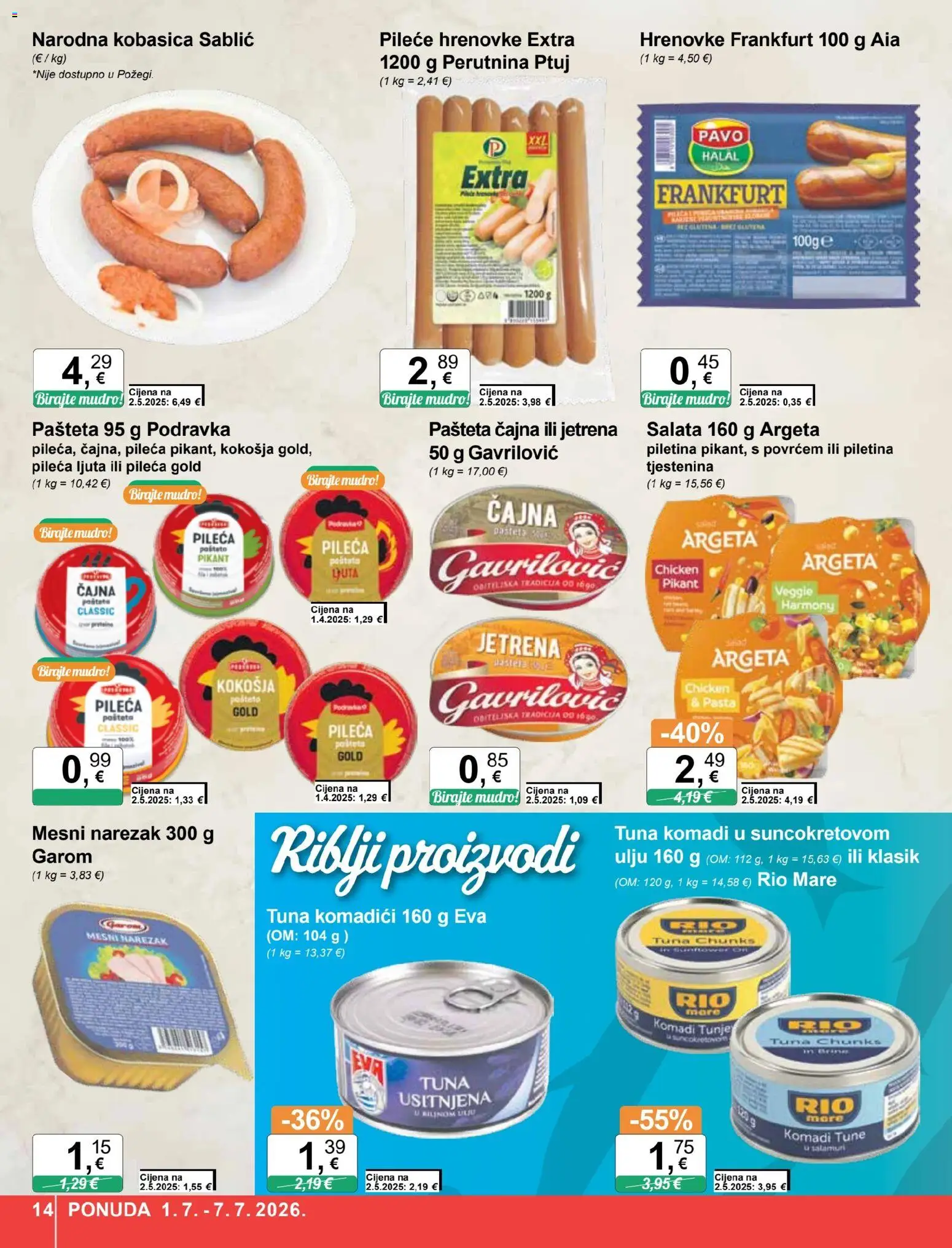 KTC katalog | vrijedi od 01.07.2026 | Stranica: 14 | Proizvodi: Rio Mare, Tjestenina, Kobasica, Tuna