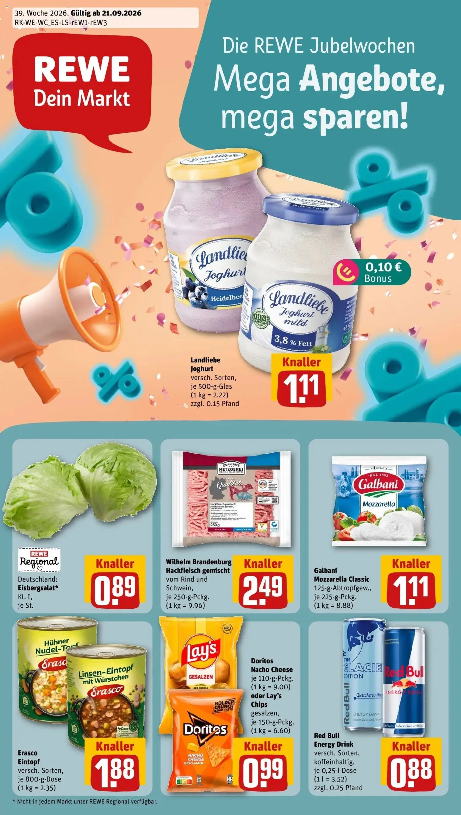 REWE Prospekt ab 21.09.2026 zum Blättern » Angebote | Seite: 1 | Produkte: Red bull, Energy, Erasco, Hackfleisch