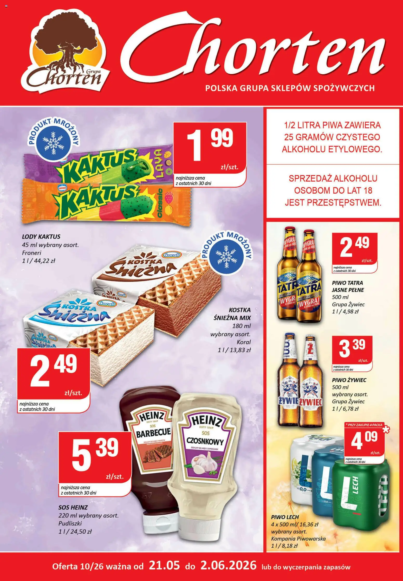 Chorten gazetka - Plakat od 21.05.2026 | Strona: 1 | Produkty: Piwo, Lody Kaktus, Warzywa, Sos